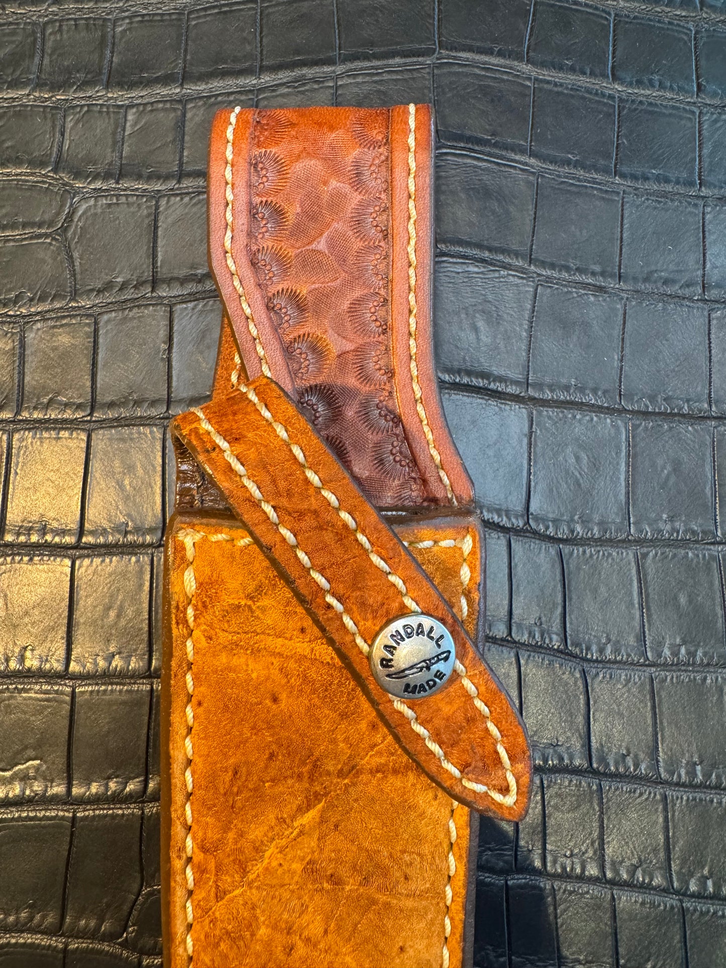 New Randall for a 5 Inch Blade straight Sheath in Exotic Tan/Gold Hippo Custom Made at Sullivan’s by Gutcher.