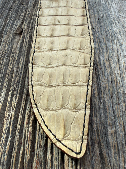 New Randall Model 12-9/14 Grind Sheath in Exotic Ivory Matte Crocodile ( back portion) from Treeman with a black Canteen snap. Killer sheath.