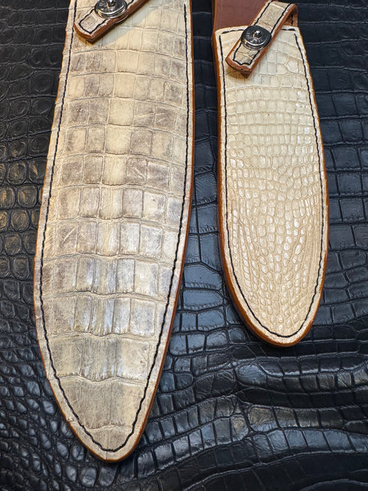 A pair of Randall Model 12-11 Large Sasquatch and Randall Model 12-8 Small Sasquatch Sheaths in Exotic Ivory Crocodile by Treeman.