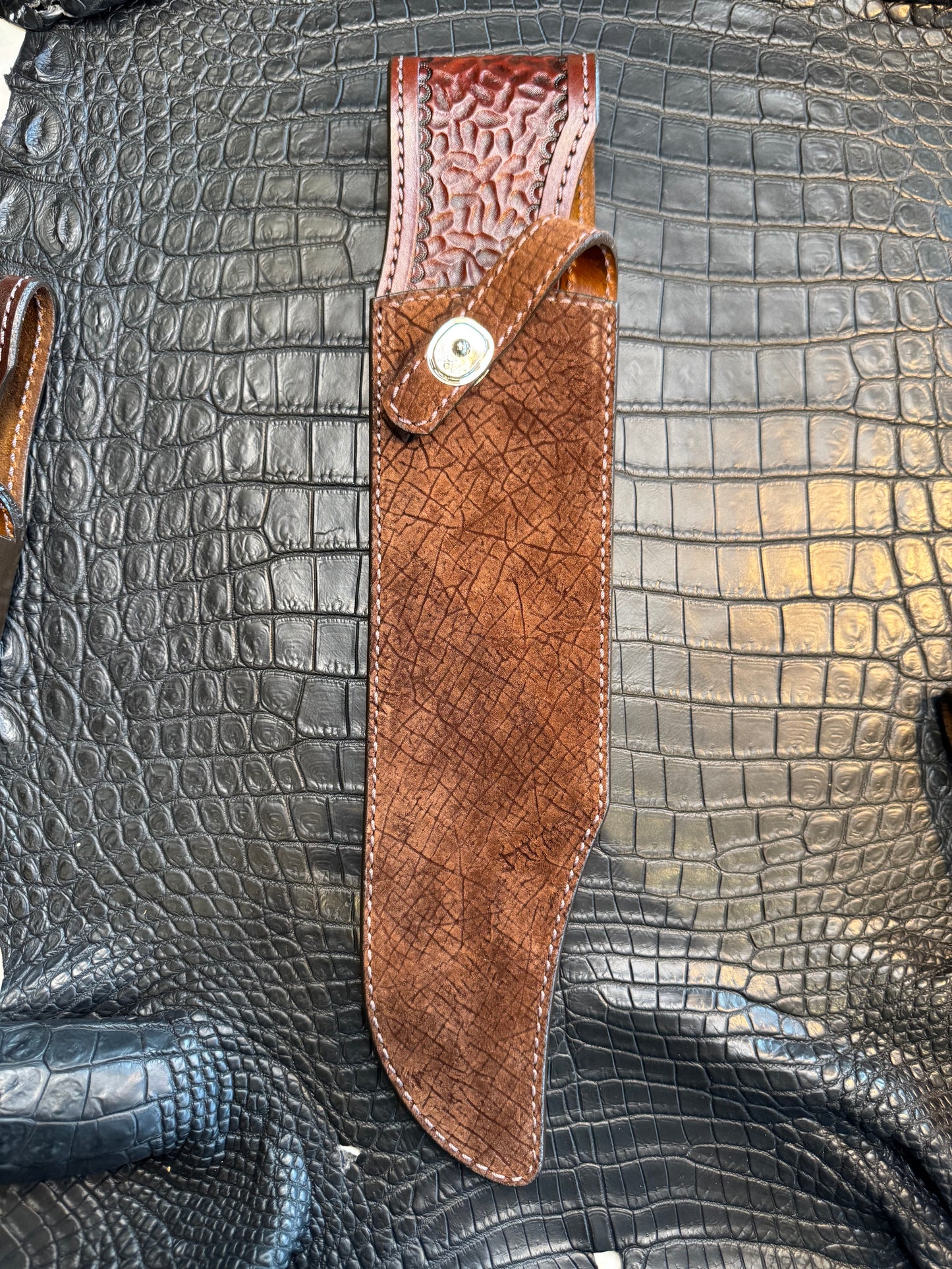 Randall Model 12-11 Smithsonian “Smitty” in Chocolate Hippo, forward curved hilt, Canteen Snap, full brass stamping and stitching.