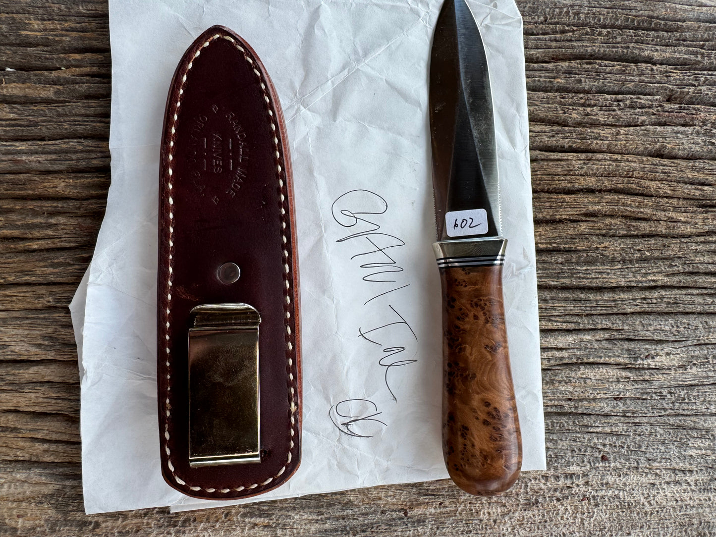 New in Paper Randall Model “Gambler” 4 Inch in Thuya Wood, Nickel hilt, Stainless, black and aluminum spacers.