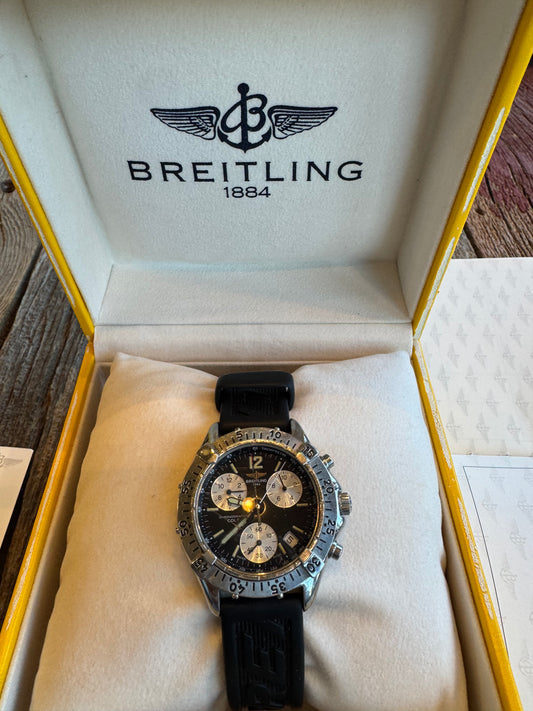 1999 Breitling Colt Chronograph. Black Dial with Breitling rubber divers strap. Ref A53035Box and papers included.