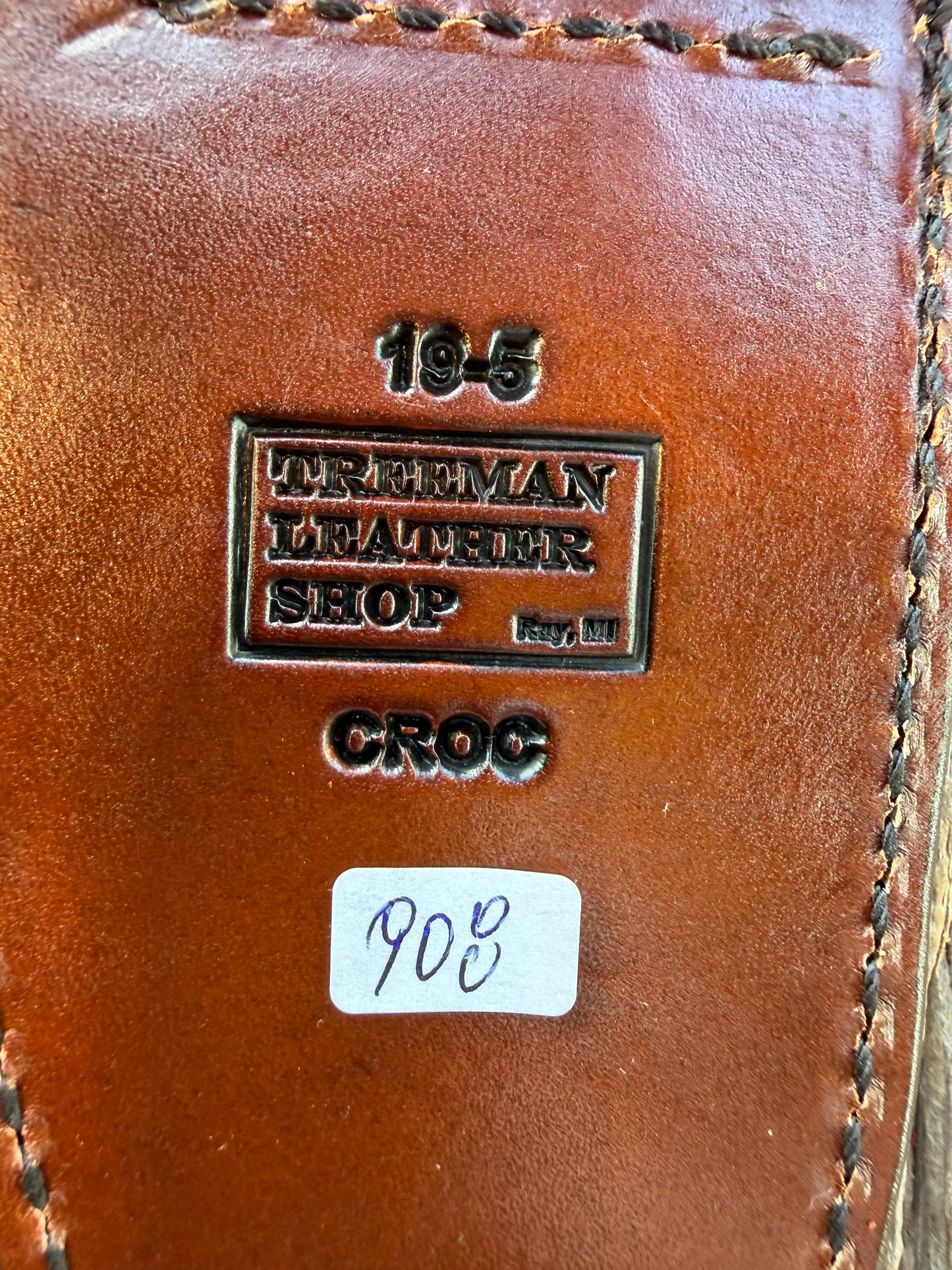 New Randall Model 19-5 Sheath in Exotic Dark Brown Sueded Crocodile from Treeman with the newest Black Canteen snap.