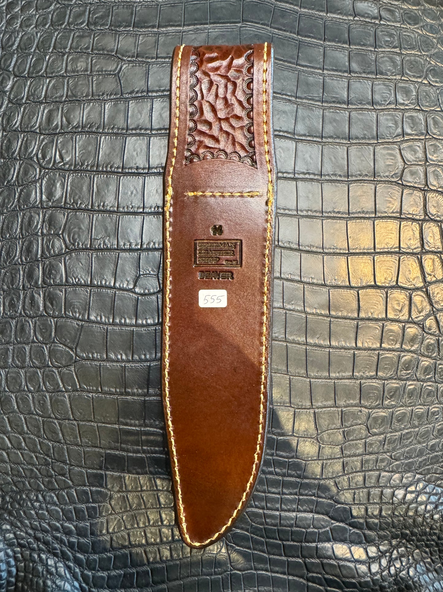 Randall Model 14 in Beaver Tail, Straight hilt, Canteen Snap, full brass stamping and stitching.