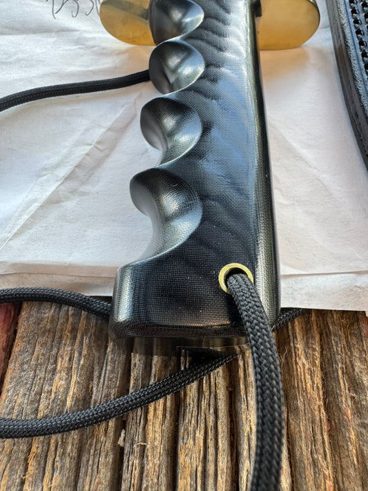 New in Paper Randall Knife Model 14 CDT Black Micarta Brass Hilt Full Tang Stainless, Sawteeth, black sheath.