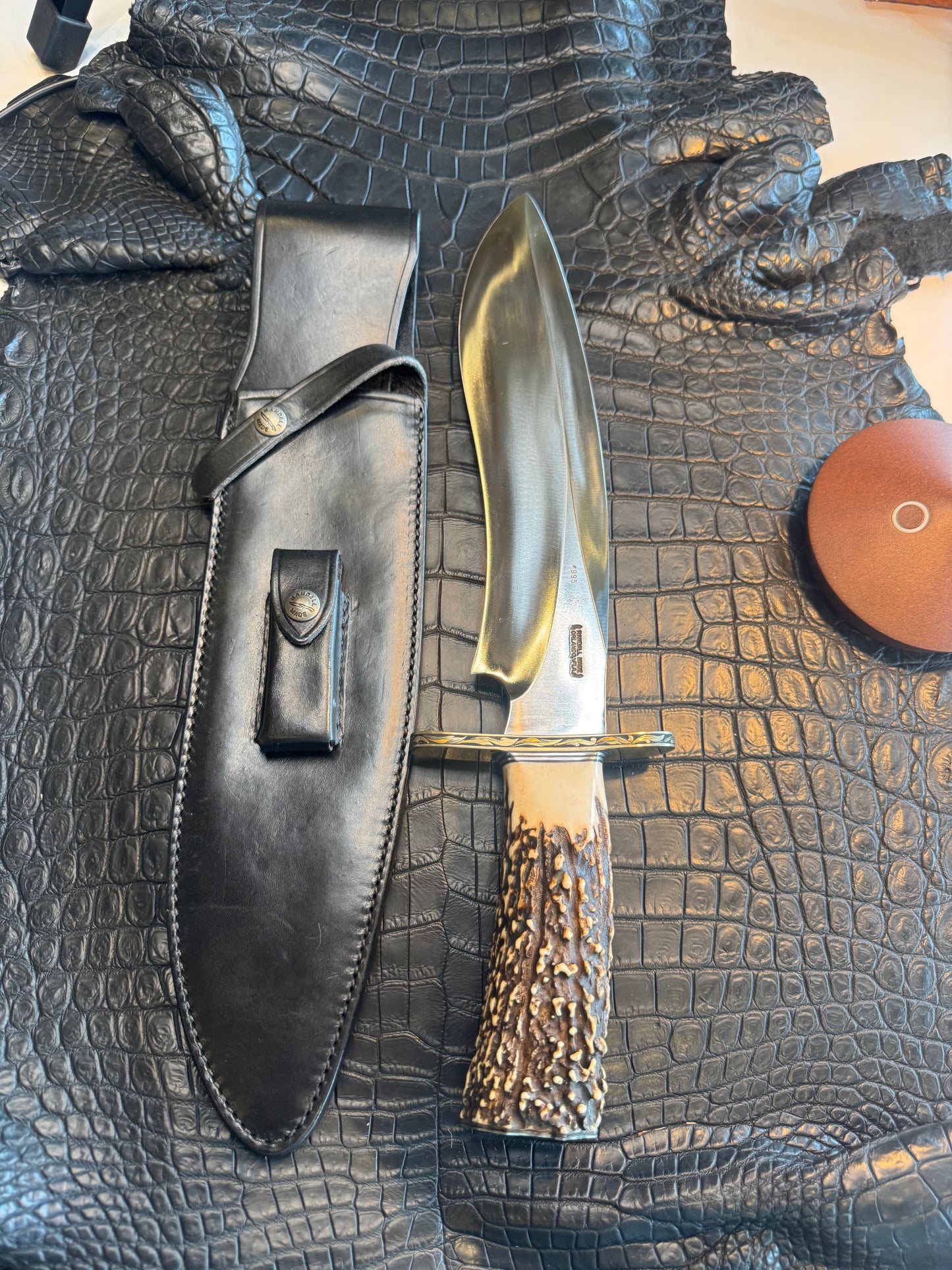 Randall Model 12-11 Dealer Special Large Sasquatch in a Huge piece of Popcorn Stag. Gold and Silver Engraved, Nickel Silver Hilt and Butt plate.