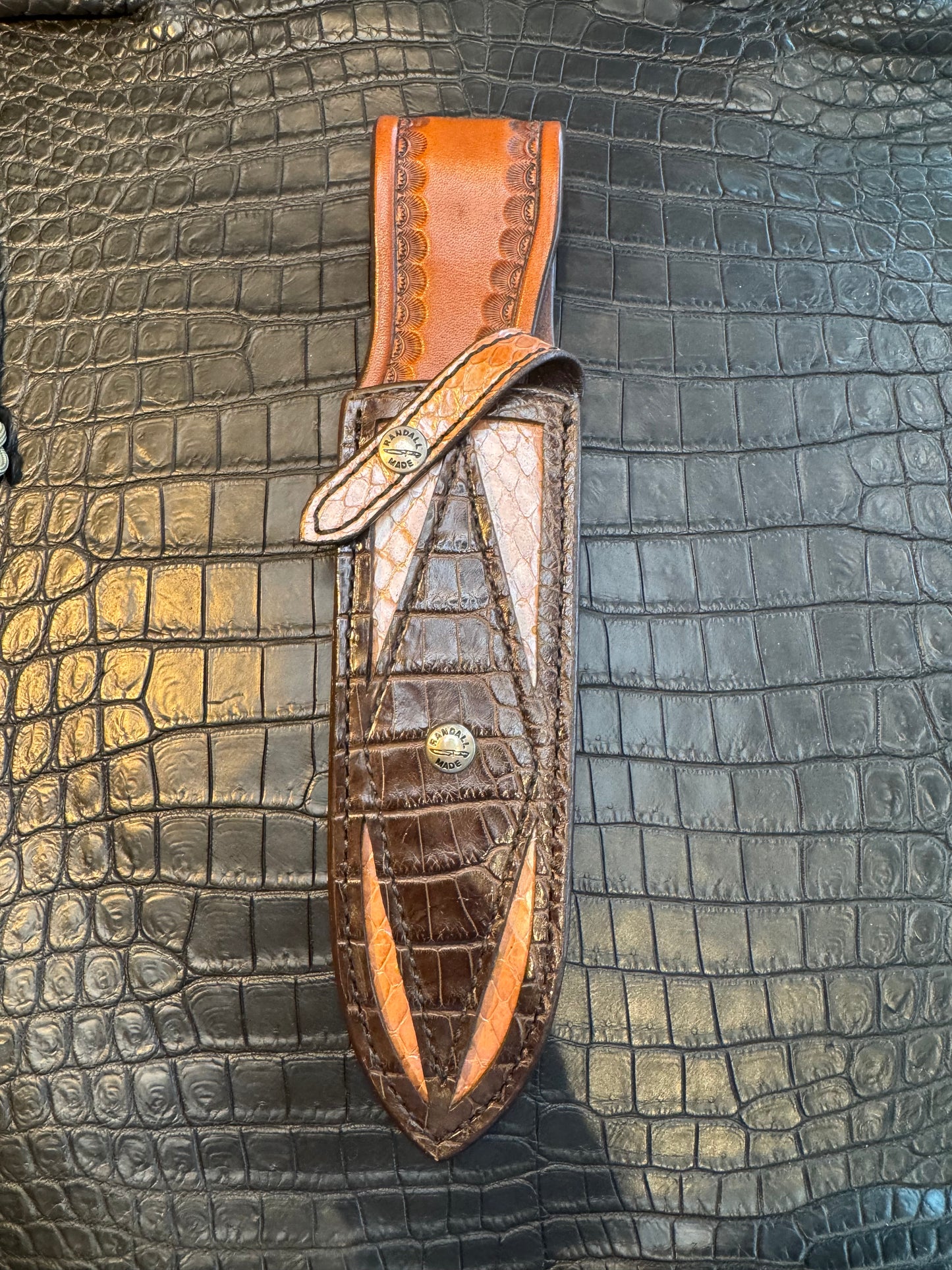 Randall Model Clinton Special Sheath in Exotic Diamond Pattern Inlaid with Brown Crocodile over Python Custom Made at Sullivan’s by Gutcher.
