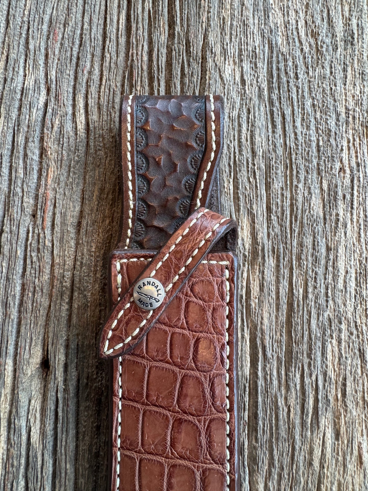 Rare Randall Model 2-8 sheath in Exotic Crocodile from Sullivans by Gutcher. New and unused.