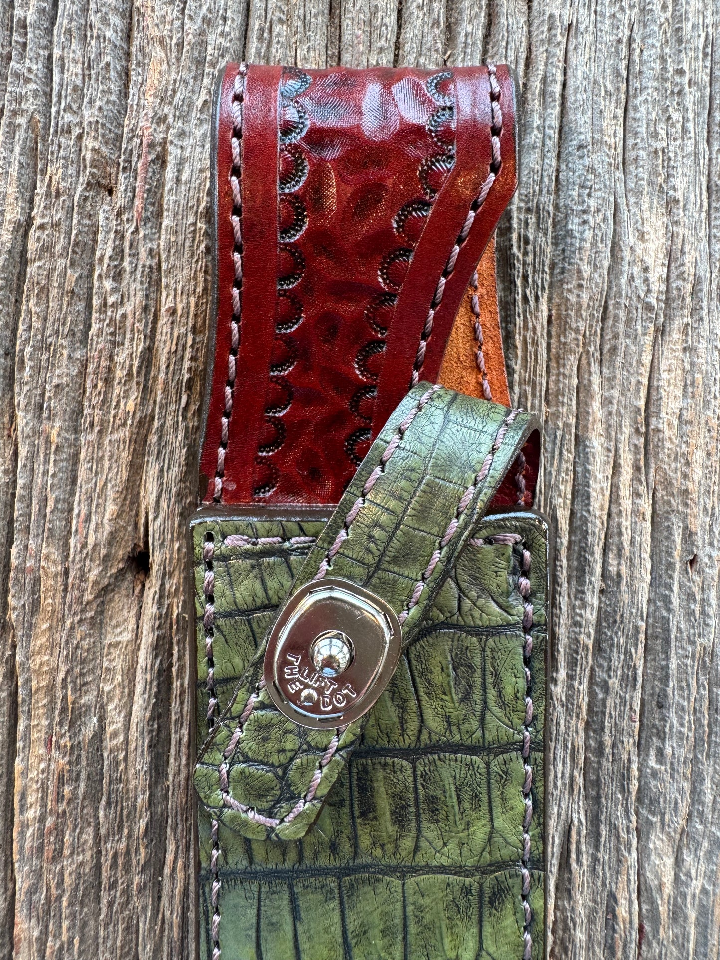 Randall Model 1-8 Sheath in Exotic Army Green Crocodile from Treeman.
