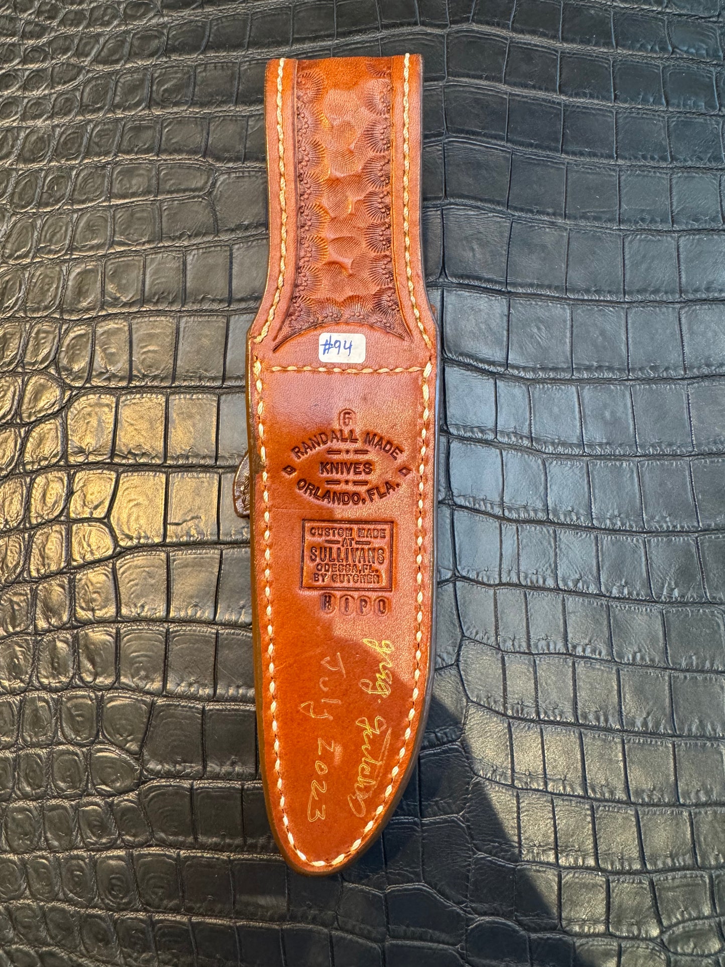 New Randall for a 5 Inch Blade straight Sheath in Exotic Tan/Gold Hippo Custom Made at Sullivan’s by Gutcher.