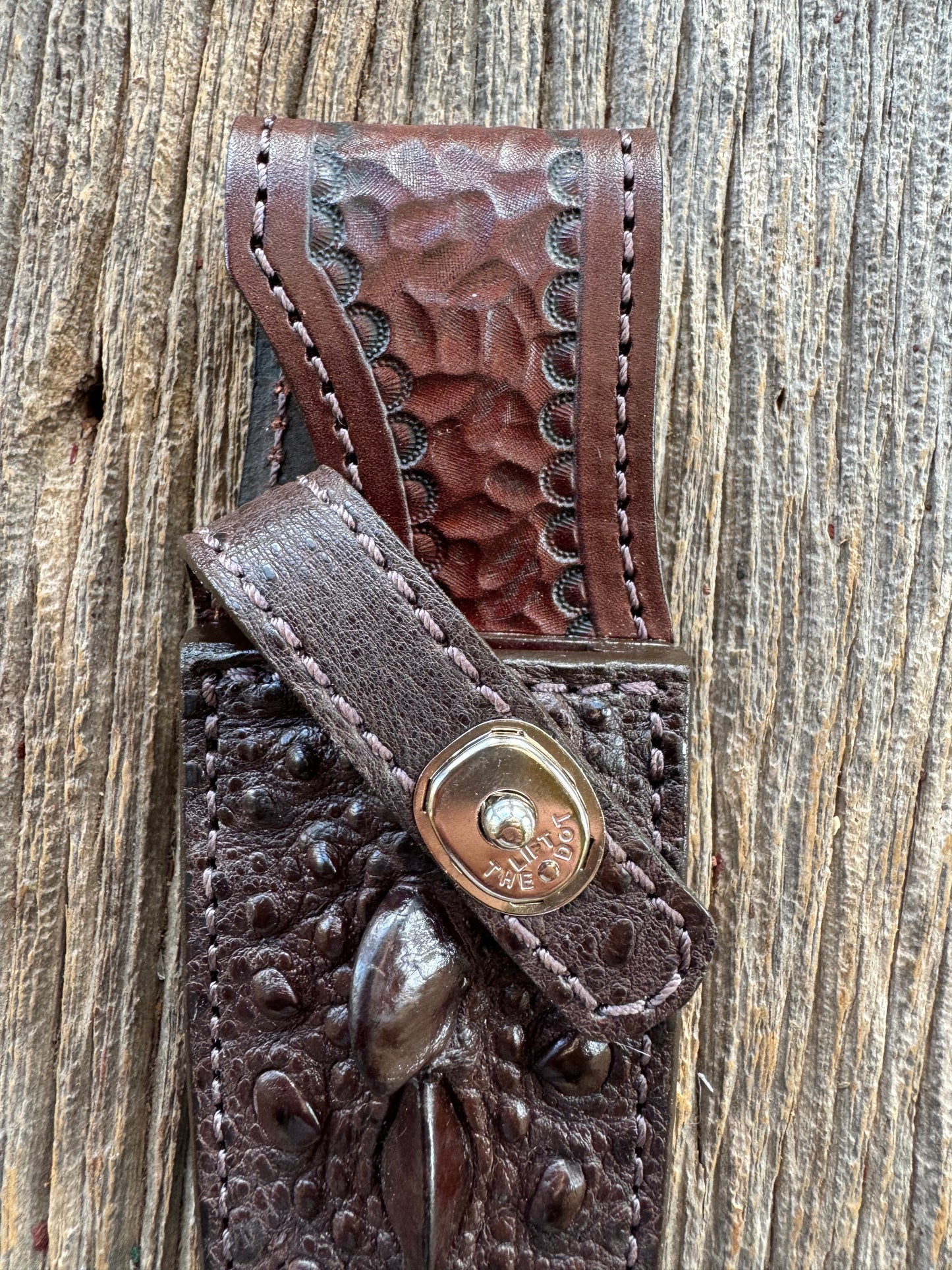 Randall Model 11-5 Sheath in Exotic Dark Brown Snapping Turtle by Treeman. Spiked Dragon tail portion of the turtle.