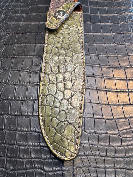 Randall Model 1-8 in Army Green Crocodile. Straight hilt, Canteen Snap, full brass stamping and stitching.