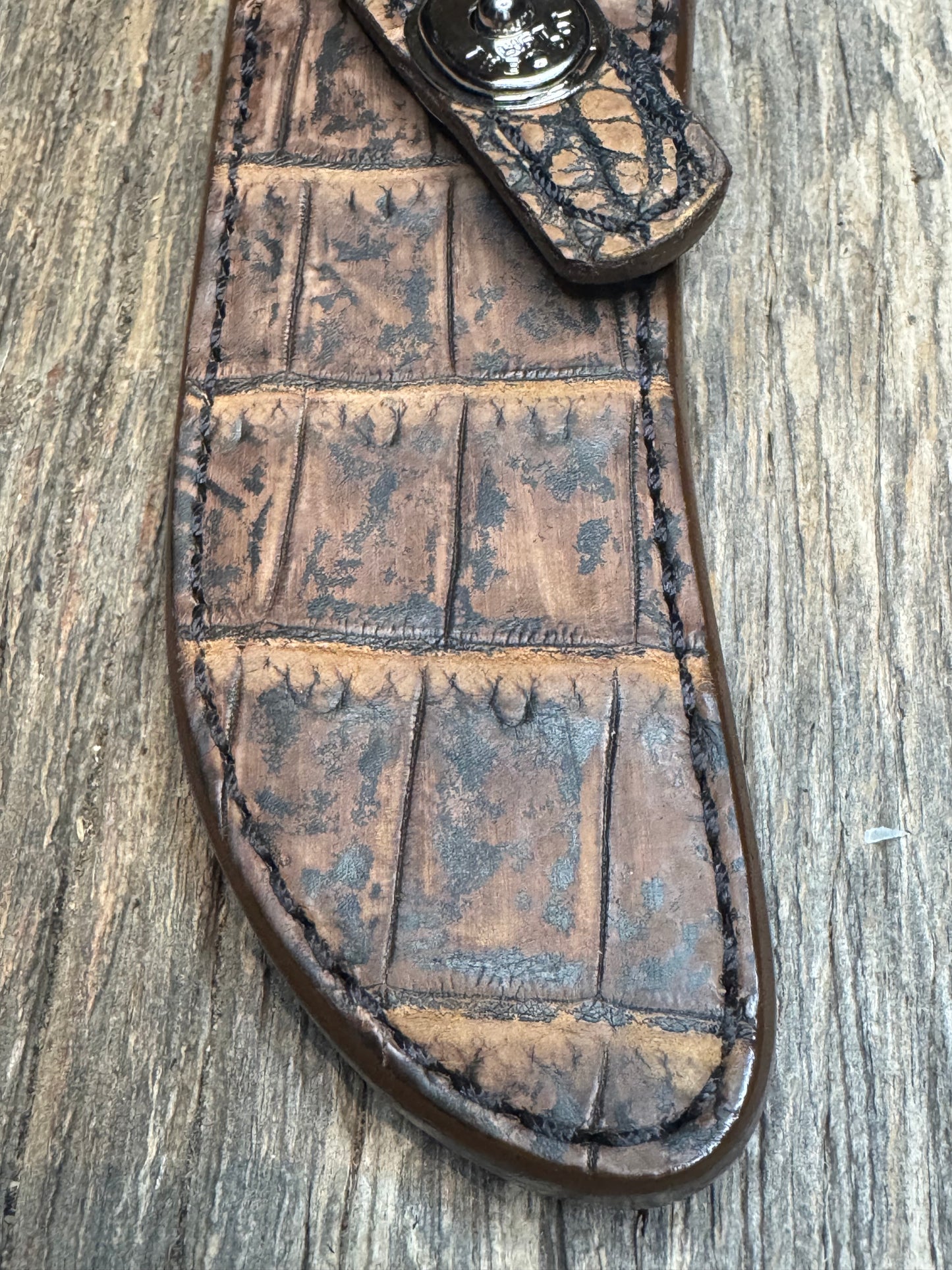 Randall Model 20 Sheath in Exotic Brown Sueded Crocodile from Treeman.