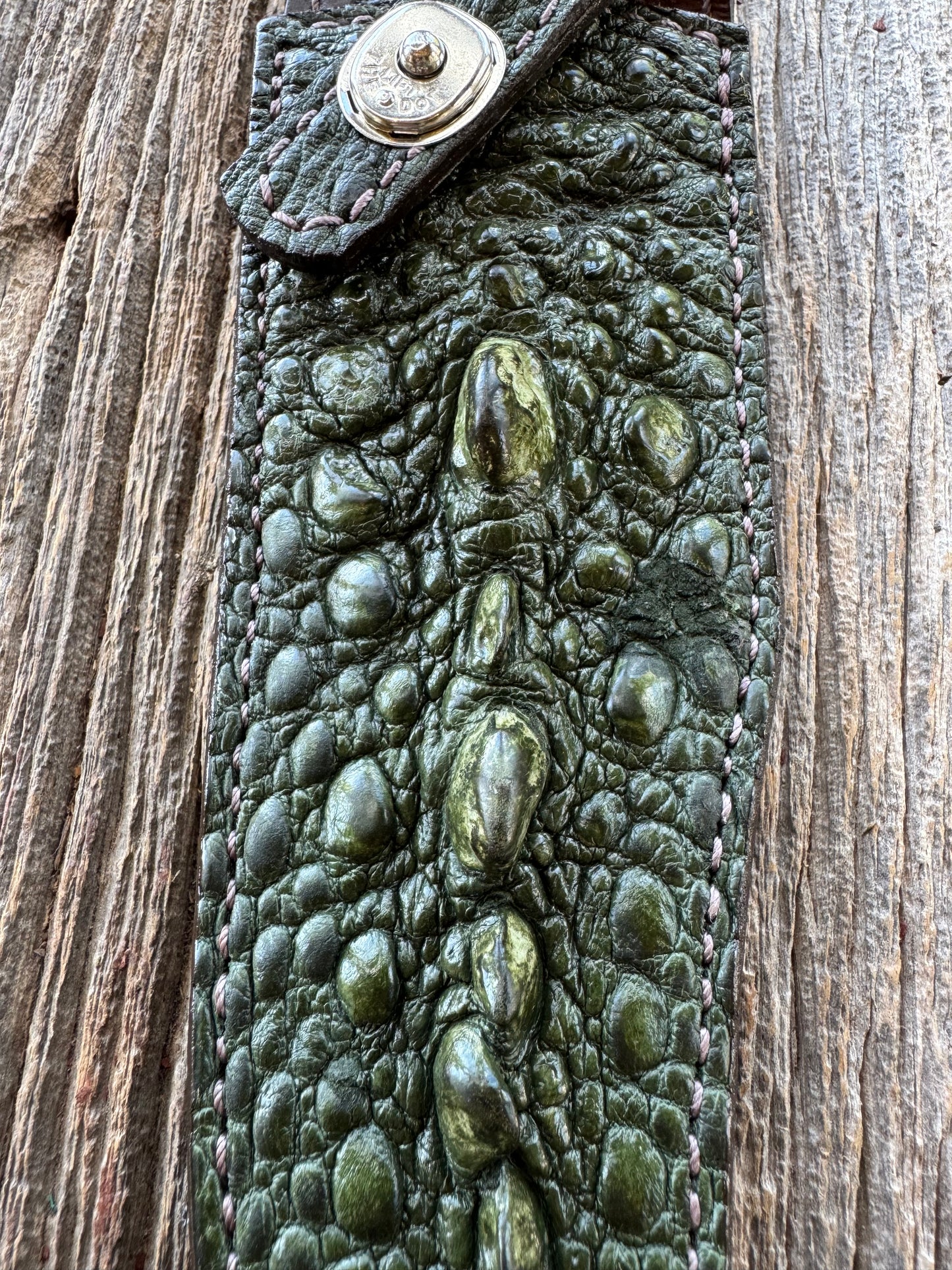 Randall Model 12-8 “Big Bear” Sheath in Exotic Army Green Snapping Turtle by Treeman. Spiked Dragon tail portion of the turtle.