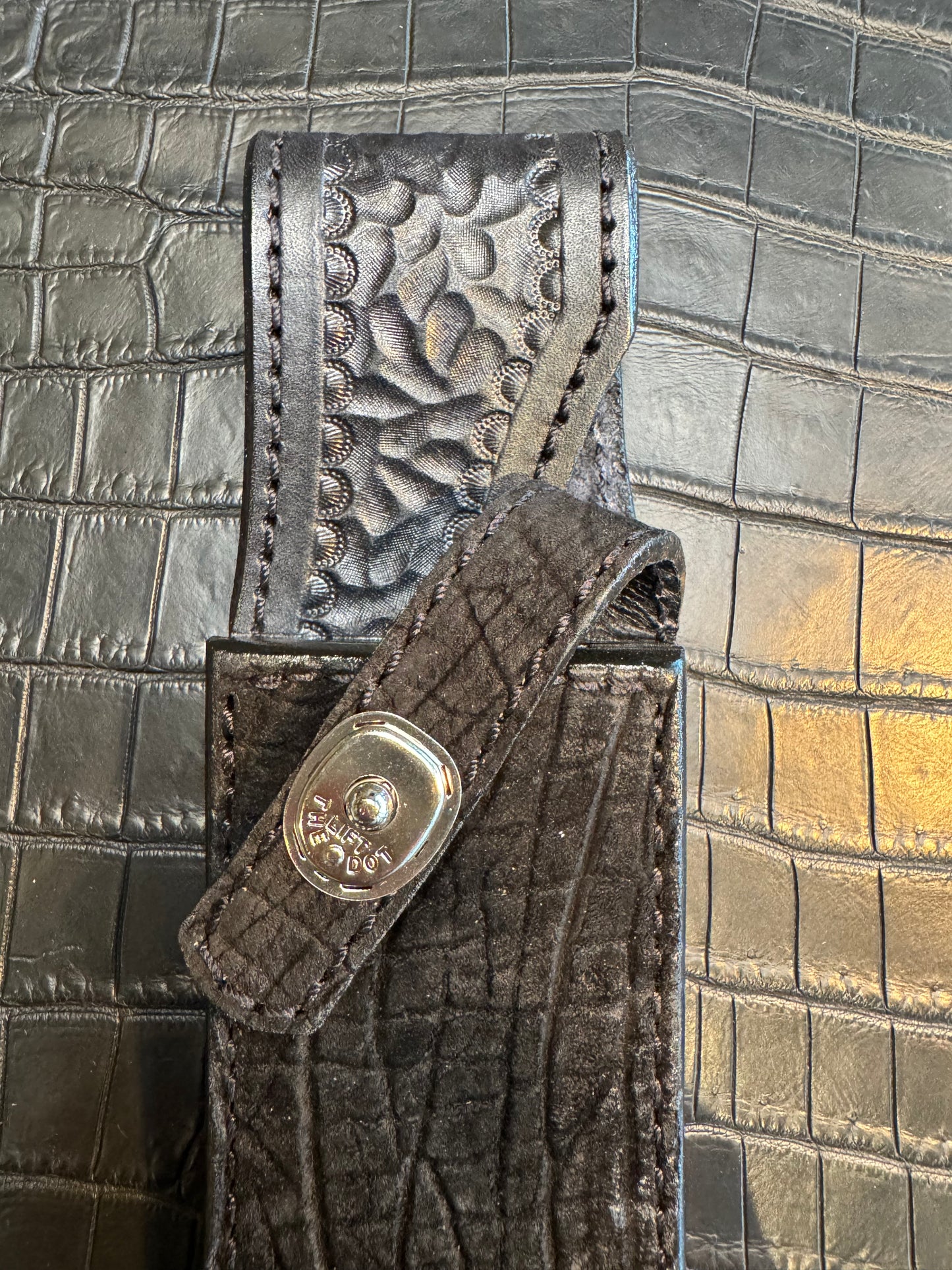 Randall Model 14 in Black Hippo Straight hilt, Canteen Snap, full brass stamping and stitching.