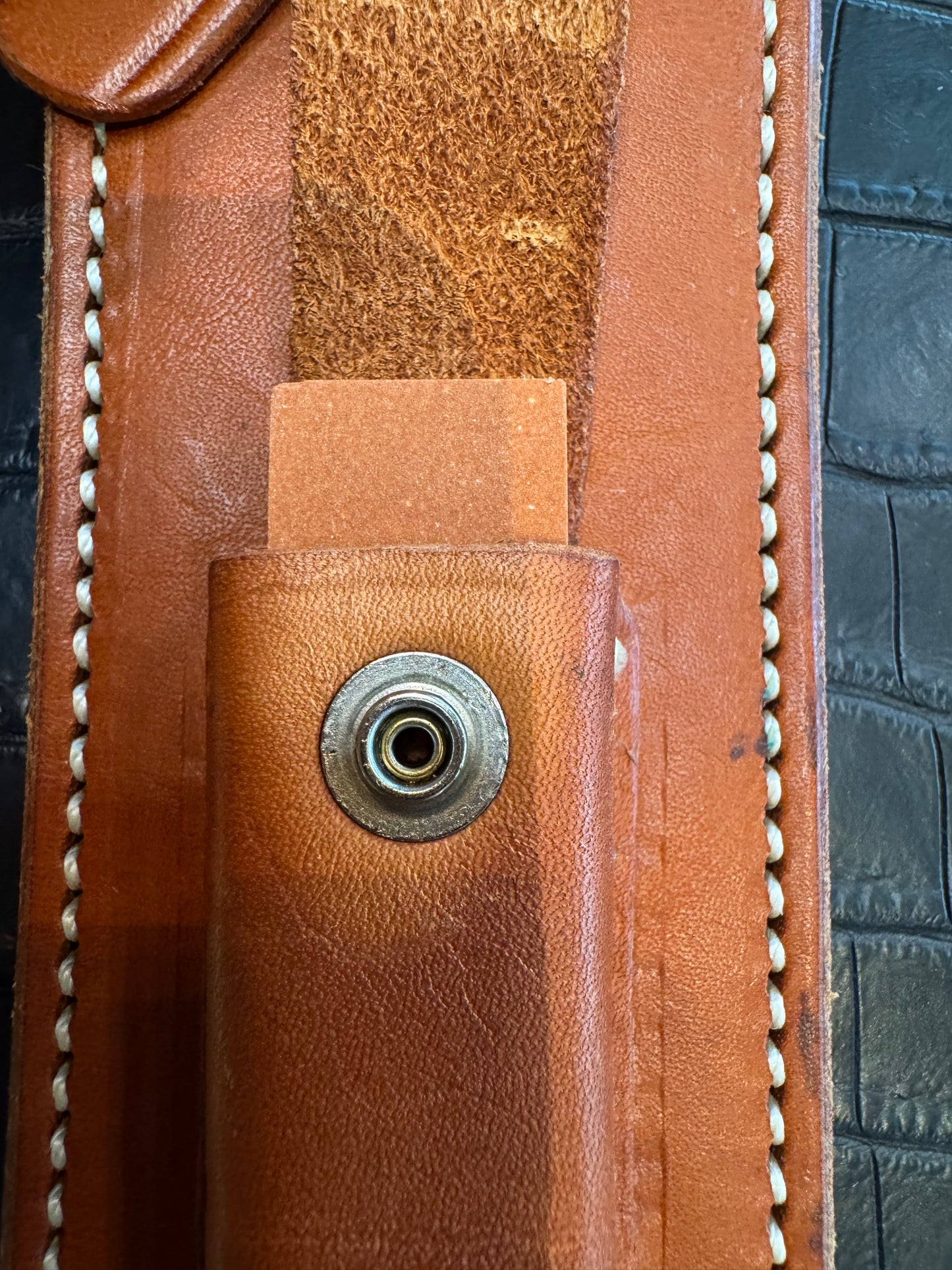 Randall Model 12-9 Sheath (with Stone) in Tan Leather made at Sullivans by Gutcher in Tampa Florida. Official sheath maker for Randall Knives.