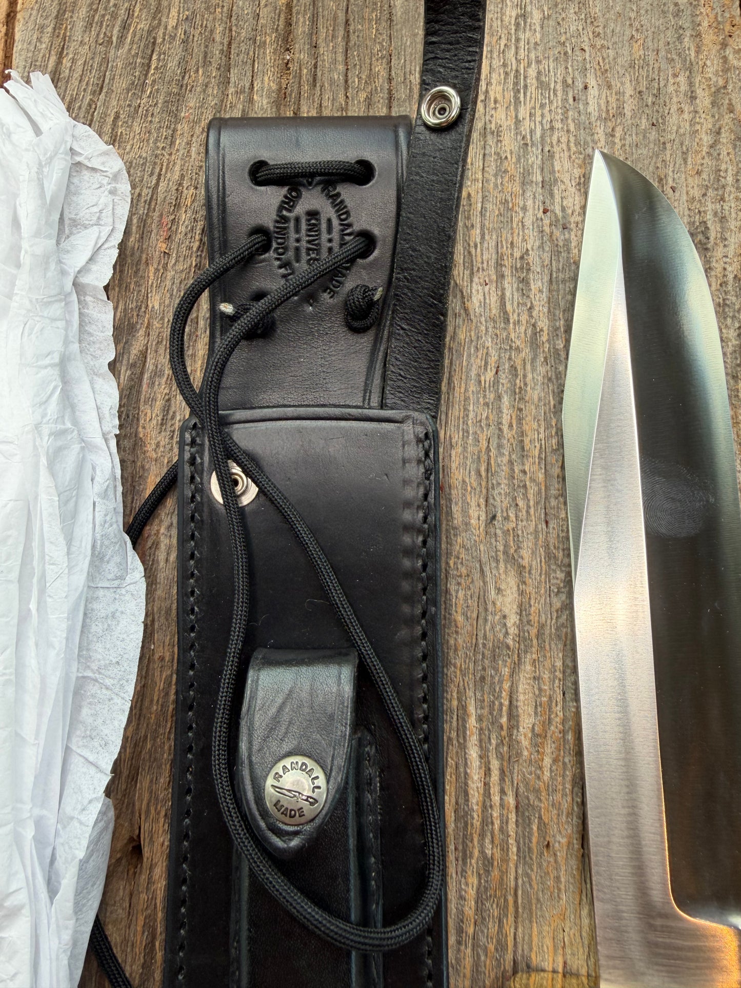 New in Paper Randall Knife 12-9 Spalted Maple wood handle, Double Brass Hilt + Crows Beak Butt Cap, Stainless Steel.