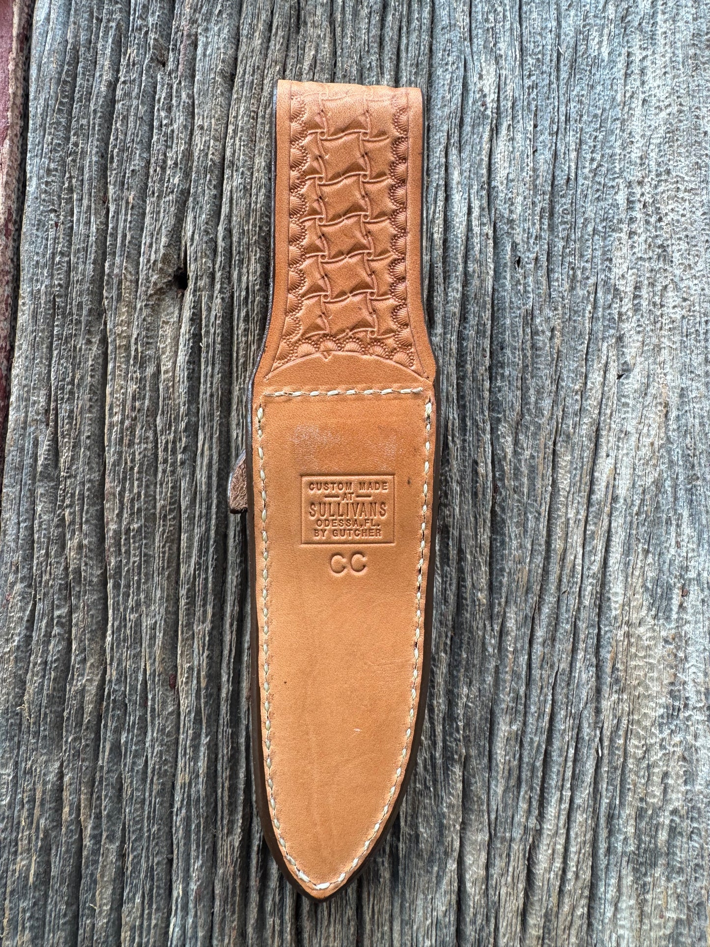 New Randall Model Combat Companion Sheath in Exotic Brown Natural Croc with full leather hand tooled belt loop. Custom Made at Sullivan’s by Gutcher.