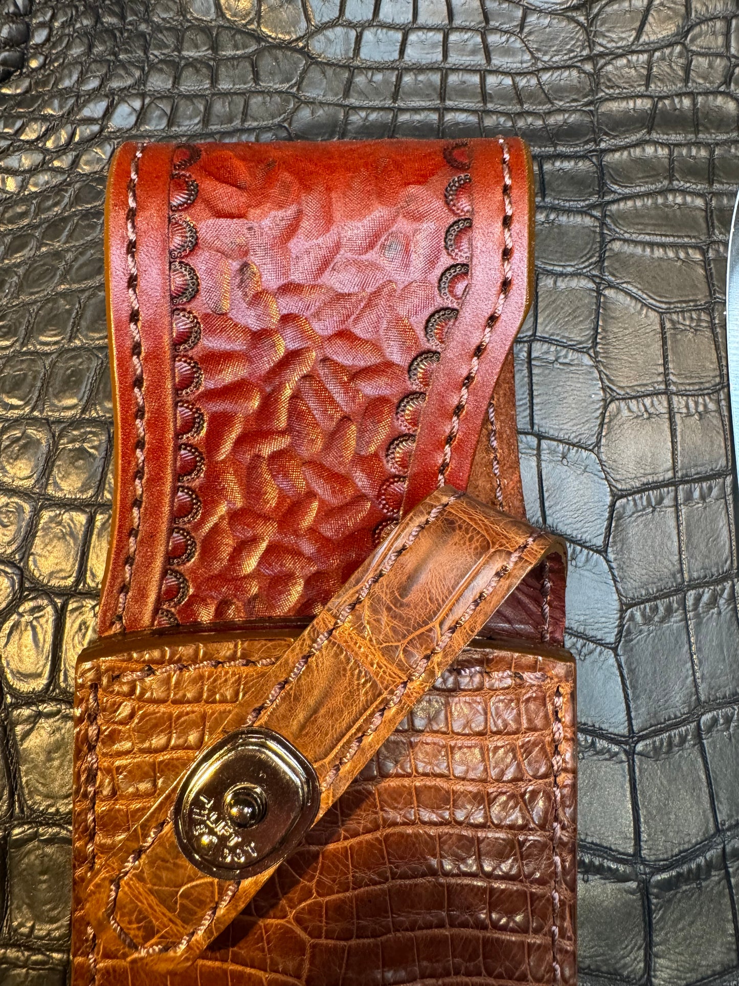 Randall Model Smithsonian “Smitty”Sheath in Exotic Brown Crocodile (Anus) skin from Treeman. Sheath only