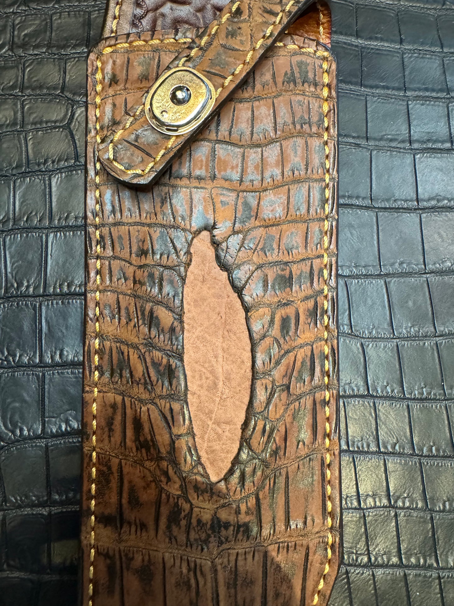 Randall Model 12-11 Smithsonian “Smitty” Exotic Sheath in Brown Antique Safari Crocodile Anus with a Hippo Insert by Treeman.