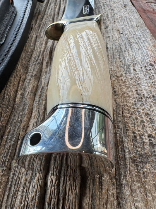Rare Randall Model Small Sasquatch in Beautiful Spiraled Narwal, Nickel Silver hilt and aluminum crows beak butt. Stainless steel, Stunning and rare.