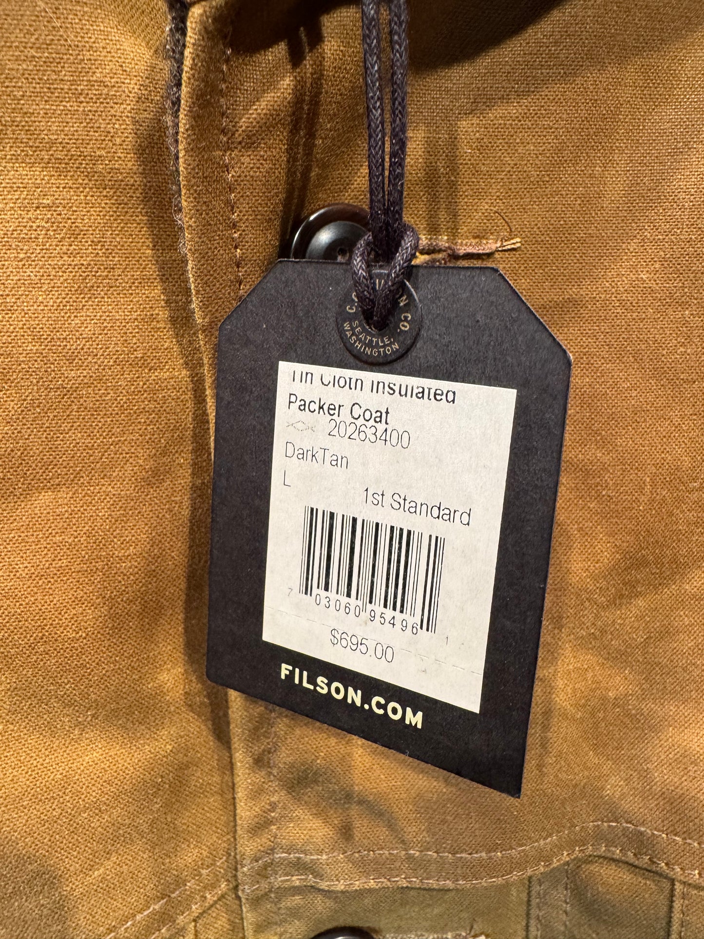NWT FILSON TIN CLOTH INSULATED PACKER COAT DARK TAN LARGE NWT 20263400