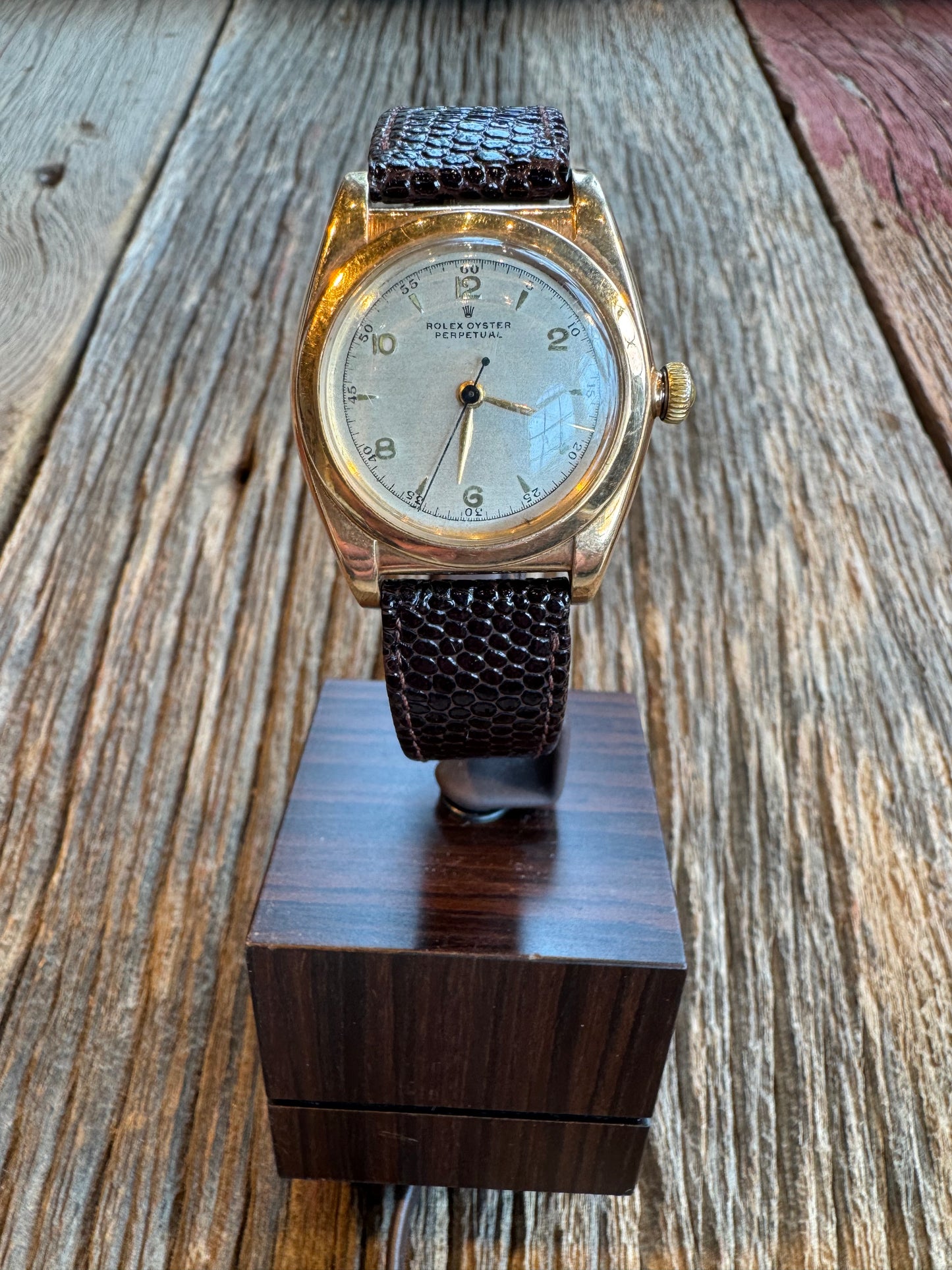 Vintage Rolex Oyster Perpetual Bubble Back circa 1940-1942 Rose Gold case with cream dial. Hirsch Lizard 18mm strap. No box or papers.