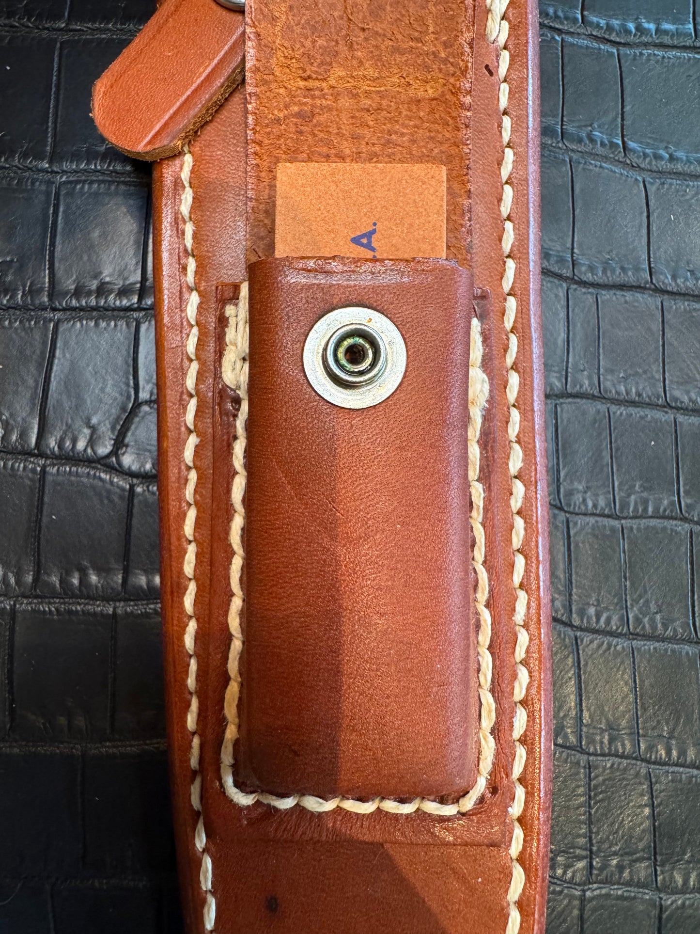 Randall Model 2-7 Sheath (with Stone) in Tan Leather made by Johnson Sheaths in the 90’s for Randall Knives.