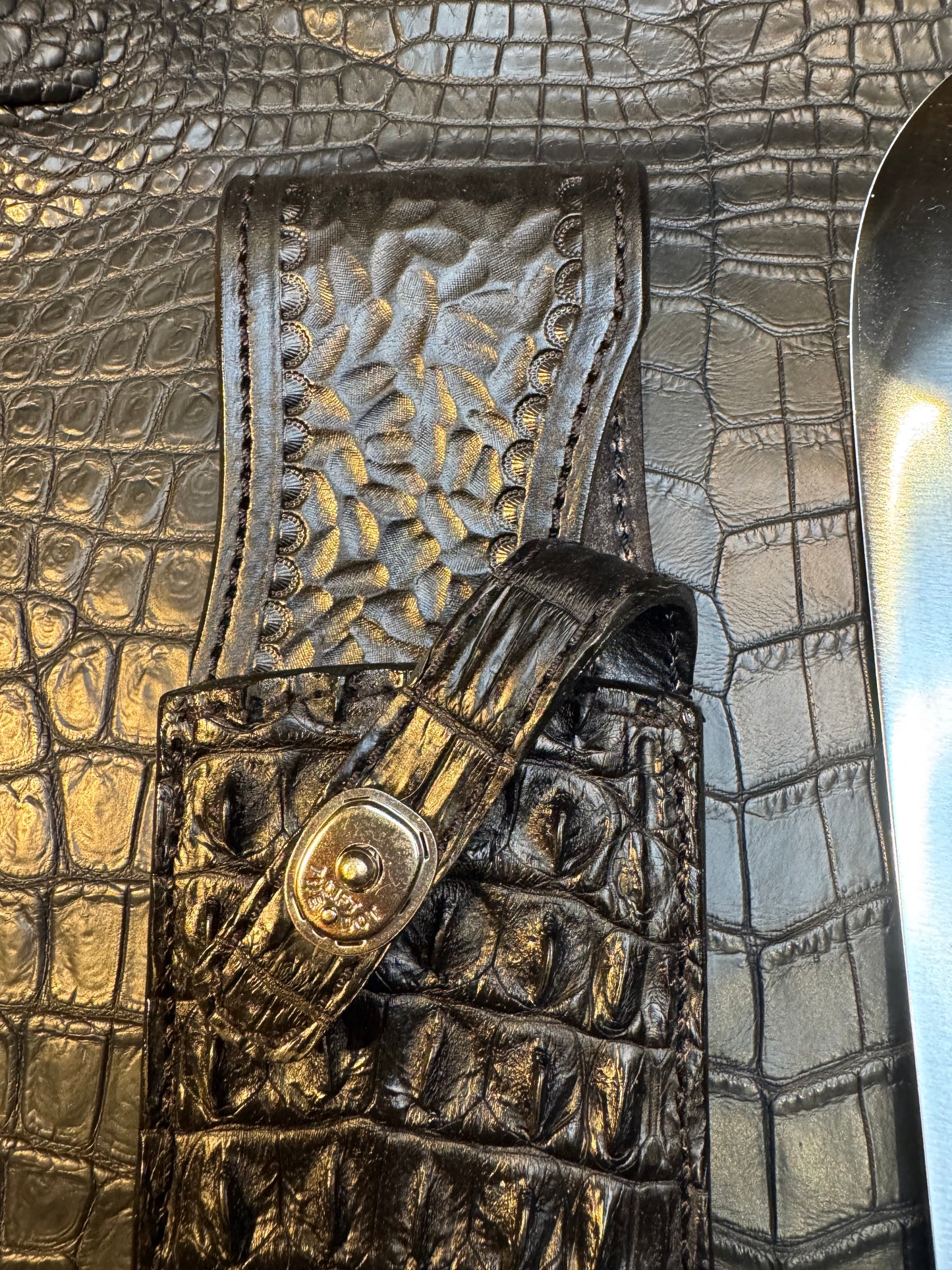 Randall Model Smithsonian “Smitty”Sheath in Exotic Australian Black Hornback ( center of the back) Crocodile skin from Treeman. Sheath only