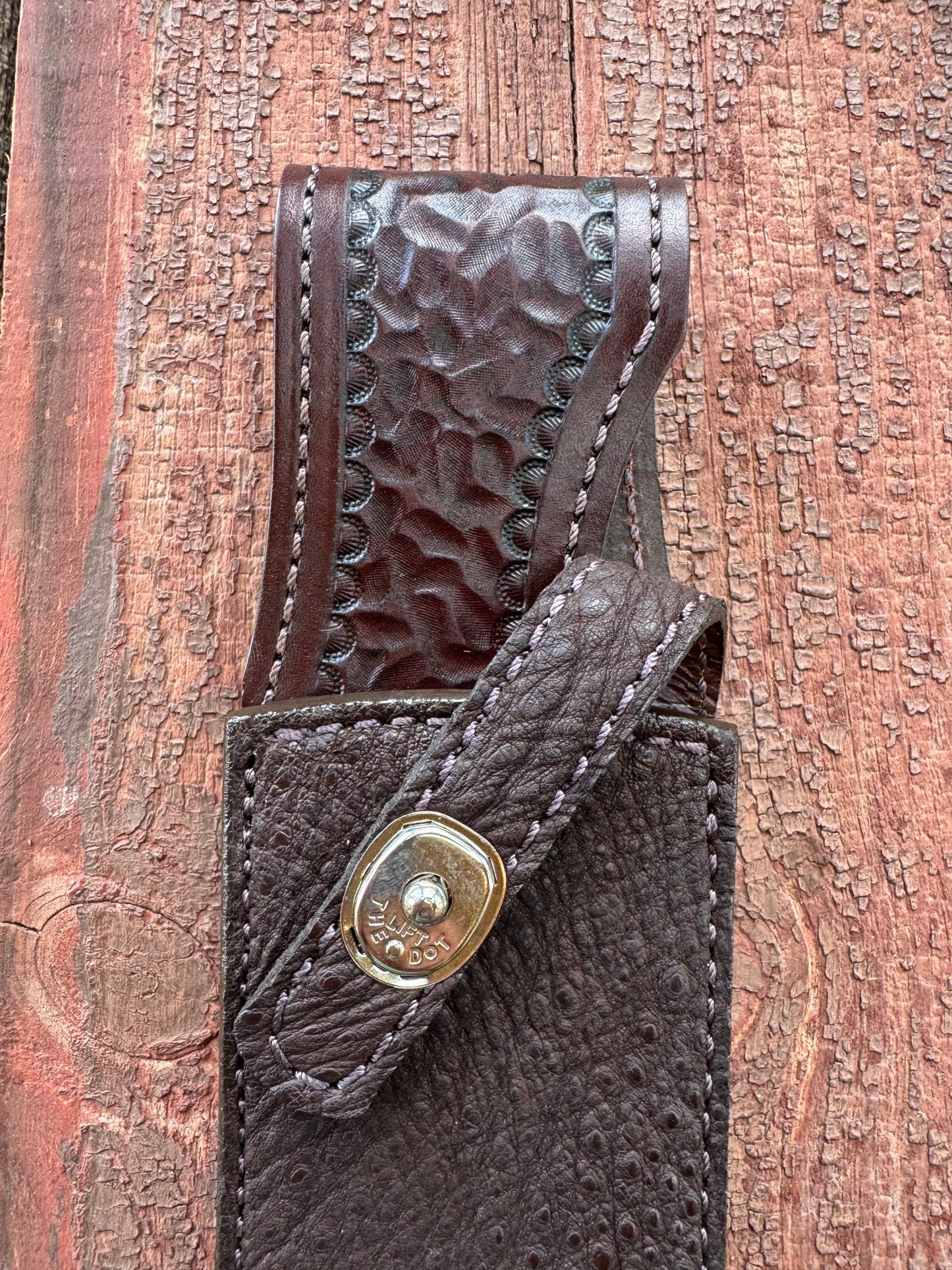 Randall Model 12-9/14 Grind Sheath in Exotic Dark Brown Snapping Turtle by Treeman. Supple tanned leather from the hind quarter.