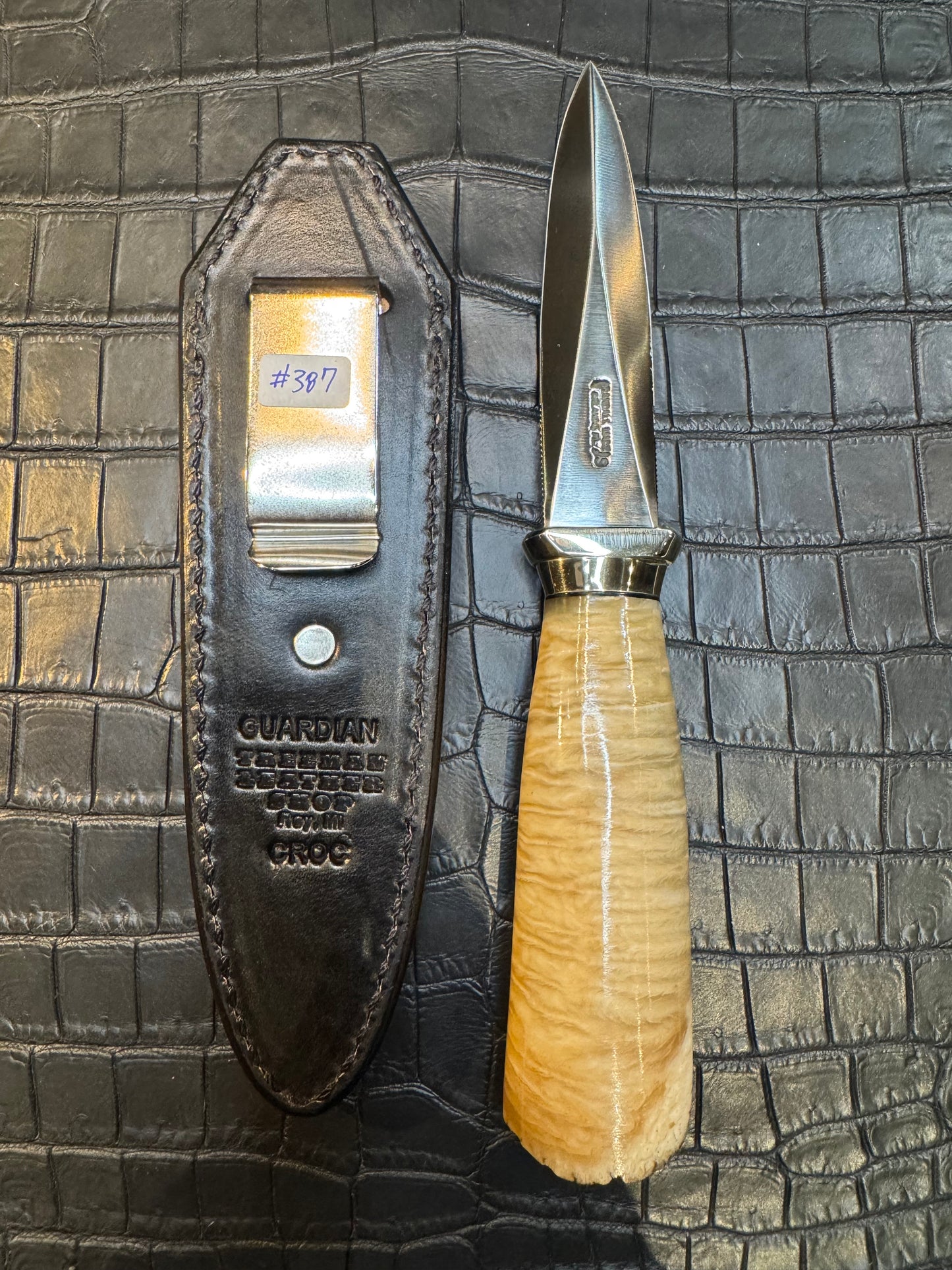 Randall Model 24 “Guardian” Sheath in Exotic Army Green Crocodile by Treeman. (Sheath only)