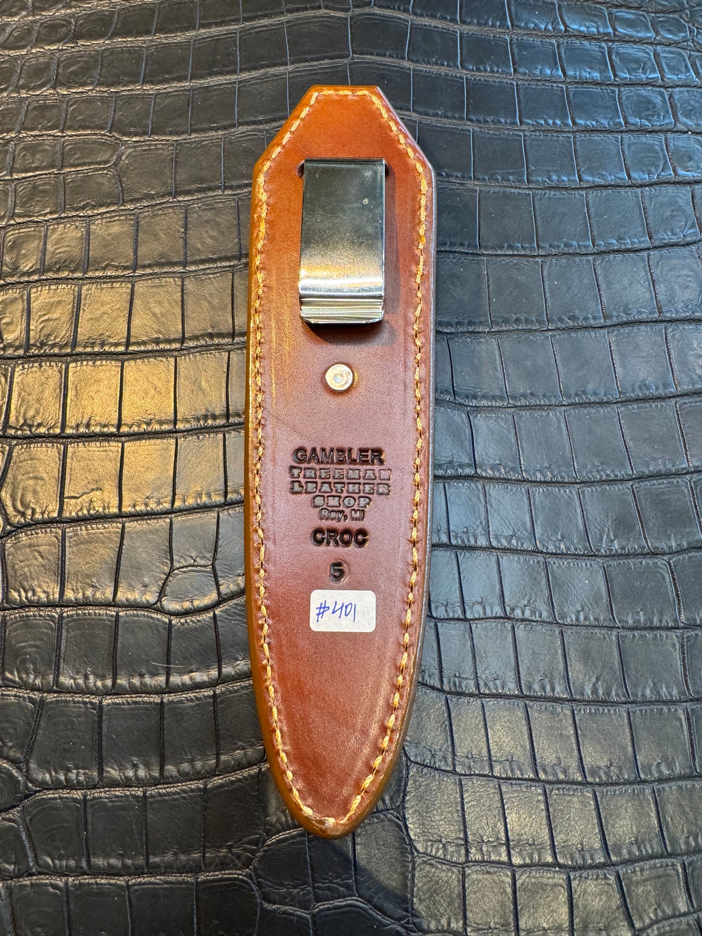 Randall Model “Gambler” 5 Inch Sheath in Exotic Honey Tan Hornback Crocodile by Treeman. (Sheath only)
