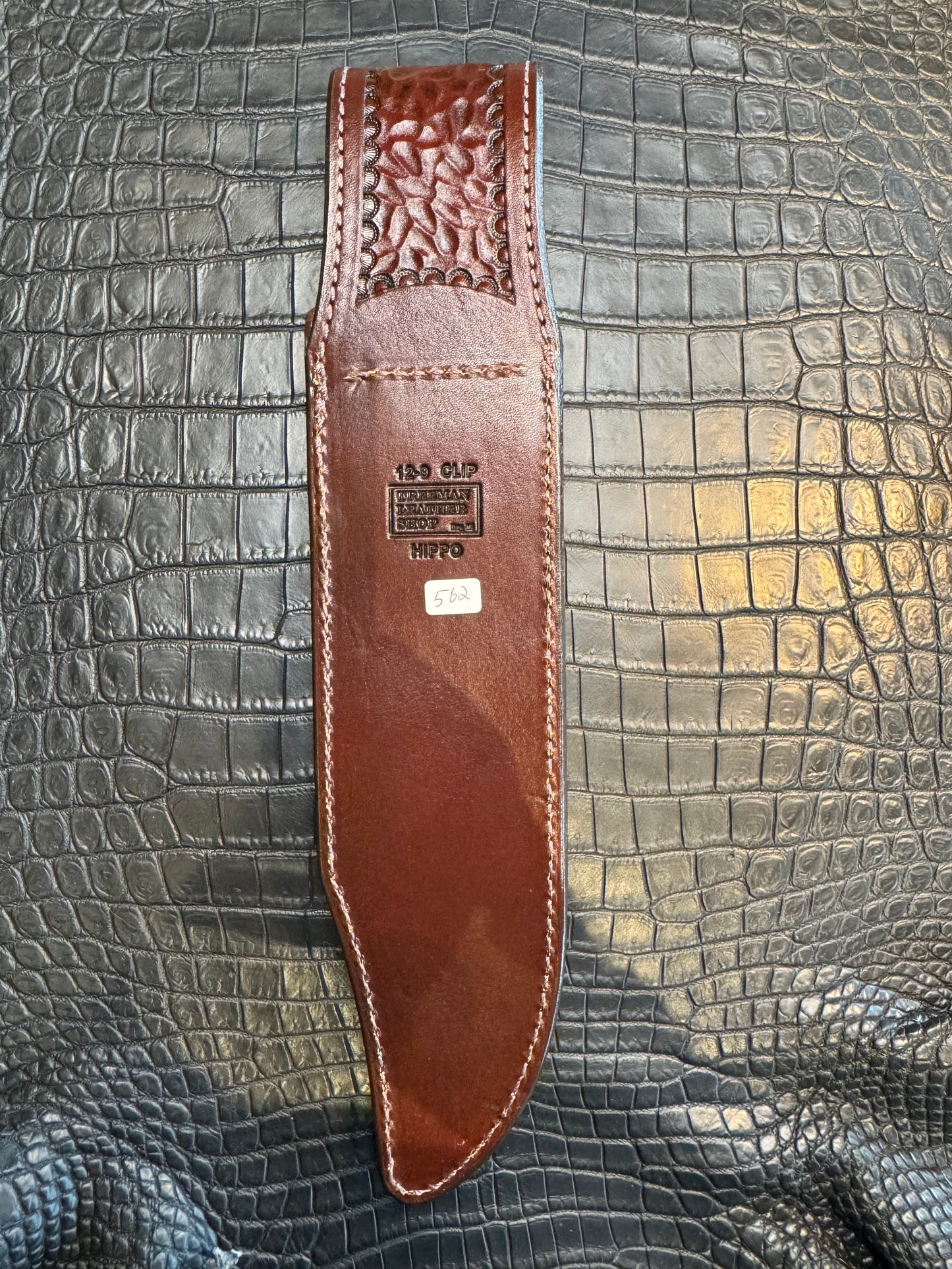 Randall Model 12-9 Bowie Clip Point in Chocolate Hippo, forward curved hilt, Canteen Snap, full brass stamping and stitching.
