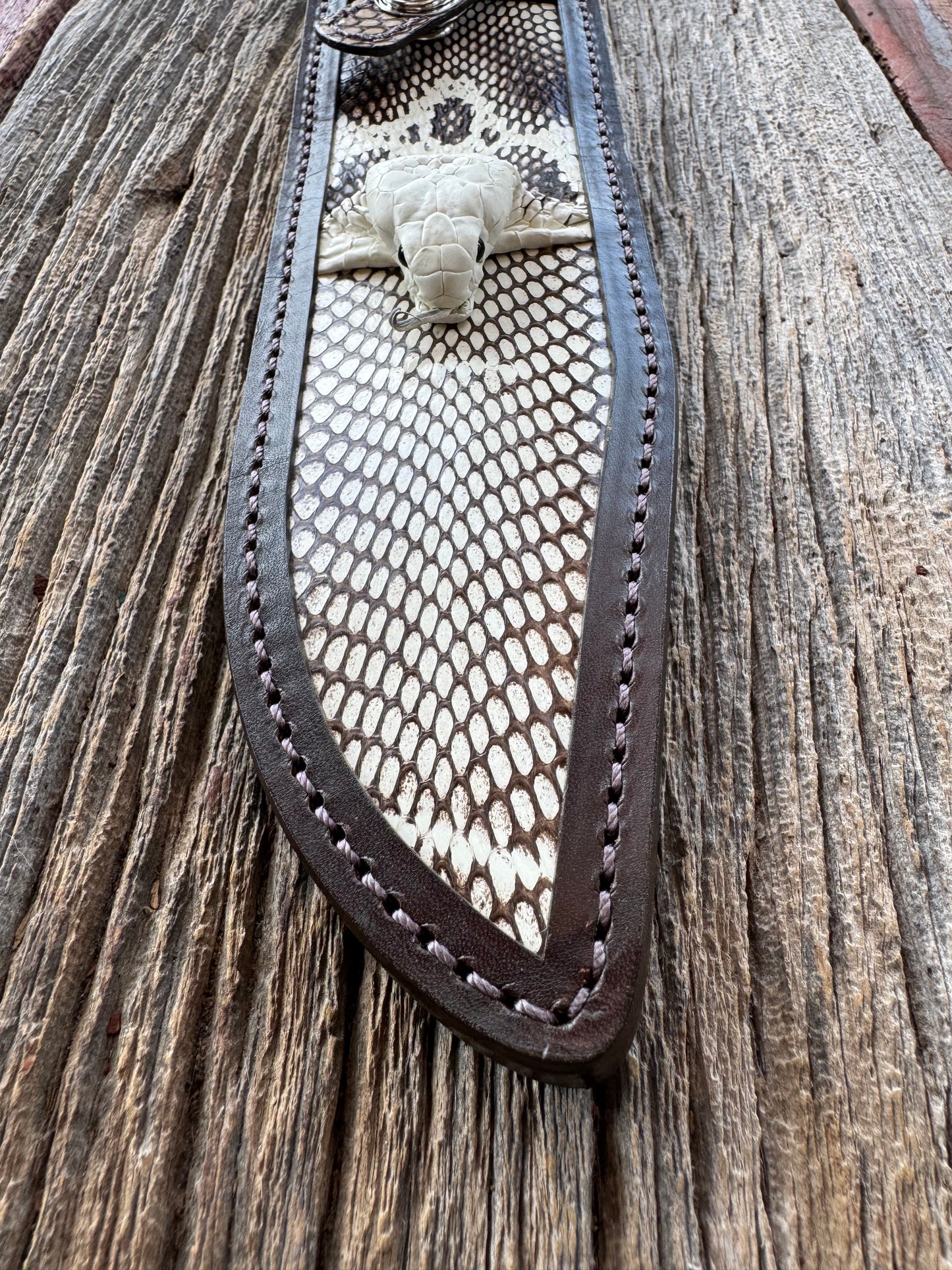 Randall Model 12-9 Bowie Sheath in Exotic Cobra with actual head by Treeman. White and Brown … my only 12-9.