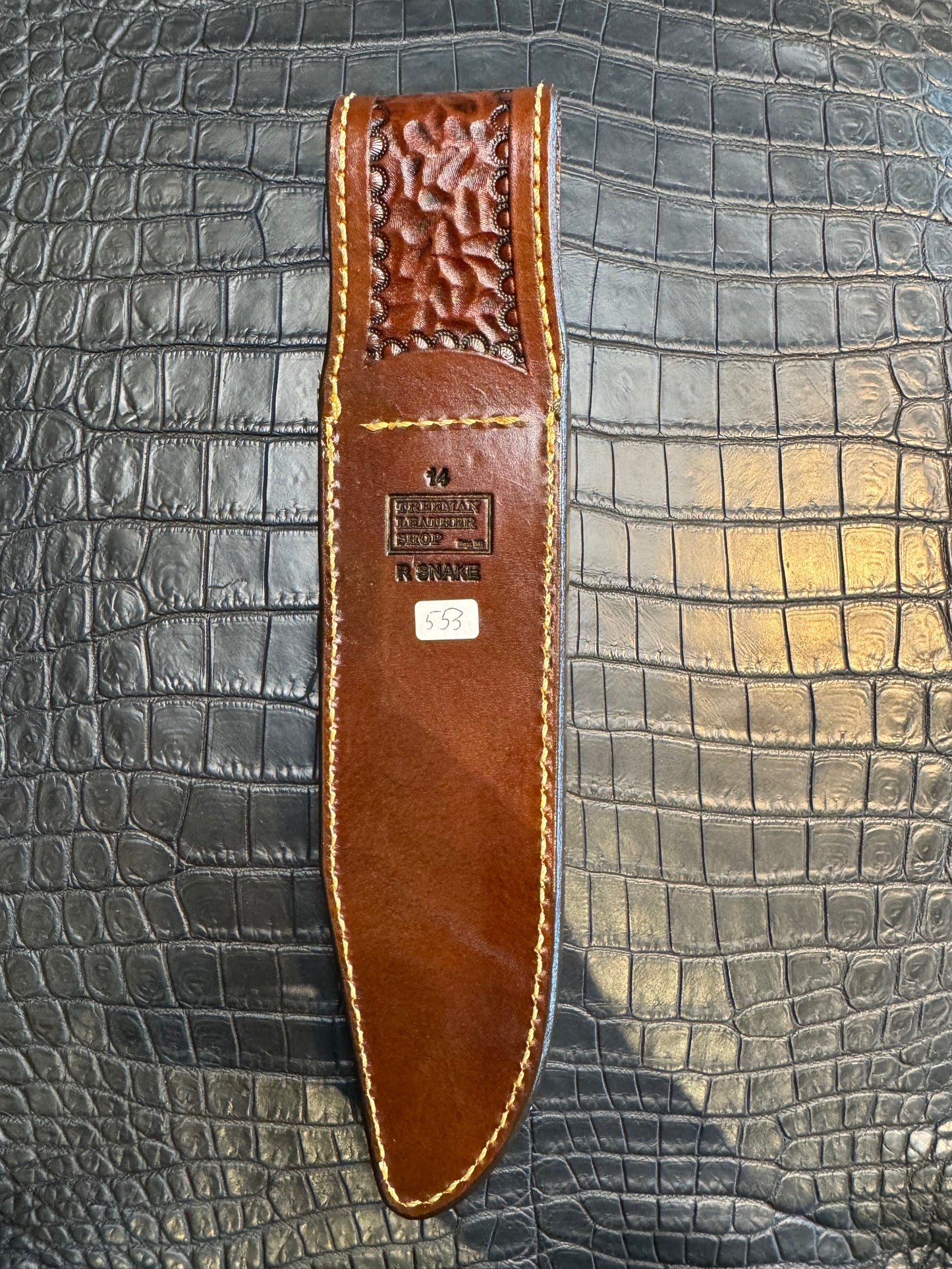 Randall Model 14 in rare Rattlesnake, Straight hilt, Canteen Snap, full brass stamping and stitching.