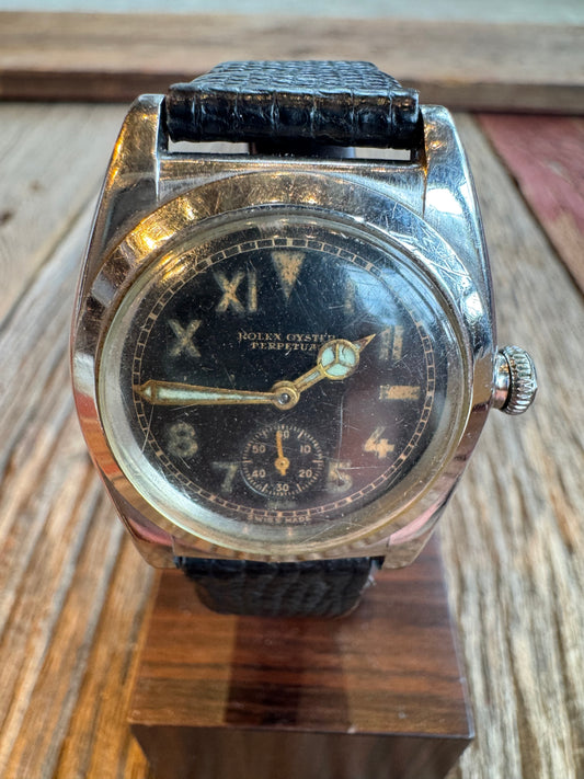 Vintage Rolex Oyster Perpetual Bubble Back circa 1940-1942 Steel case with Mercedes hands. Hirsch Lizard 18mm strap. No box or papers.