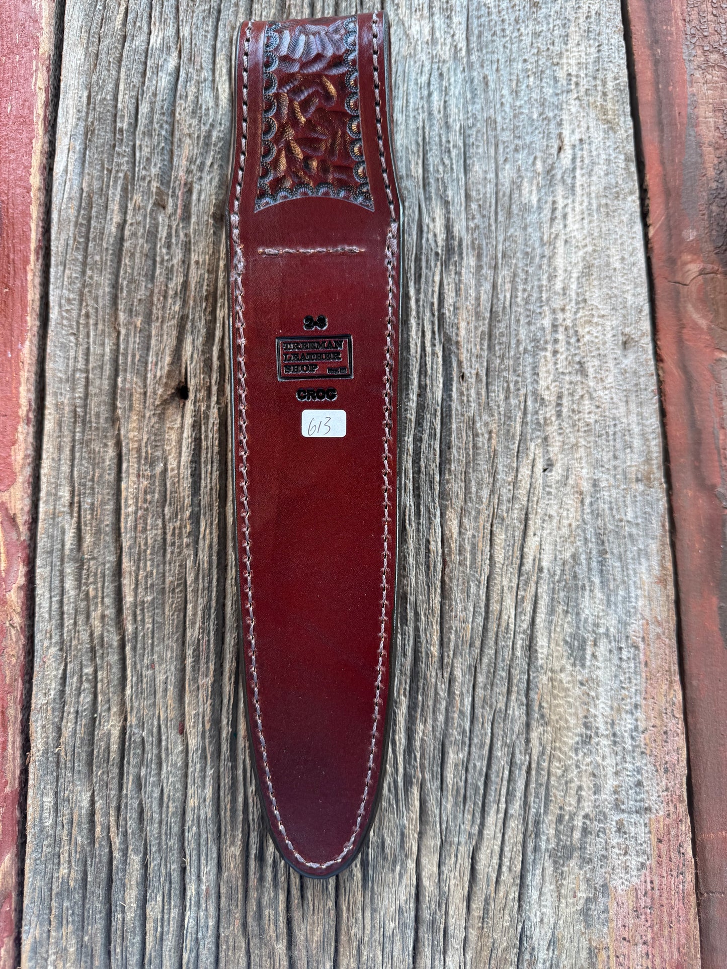 Randall Model 2-8 Sheath in Exotic Army Green Crocodile Anus from Treeman.