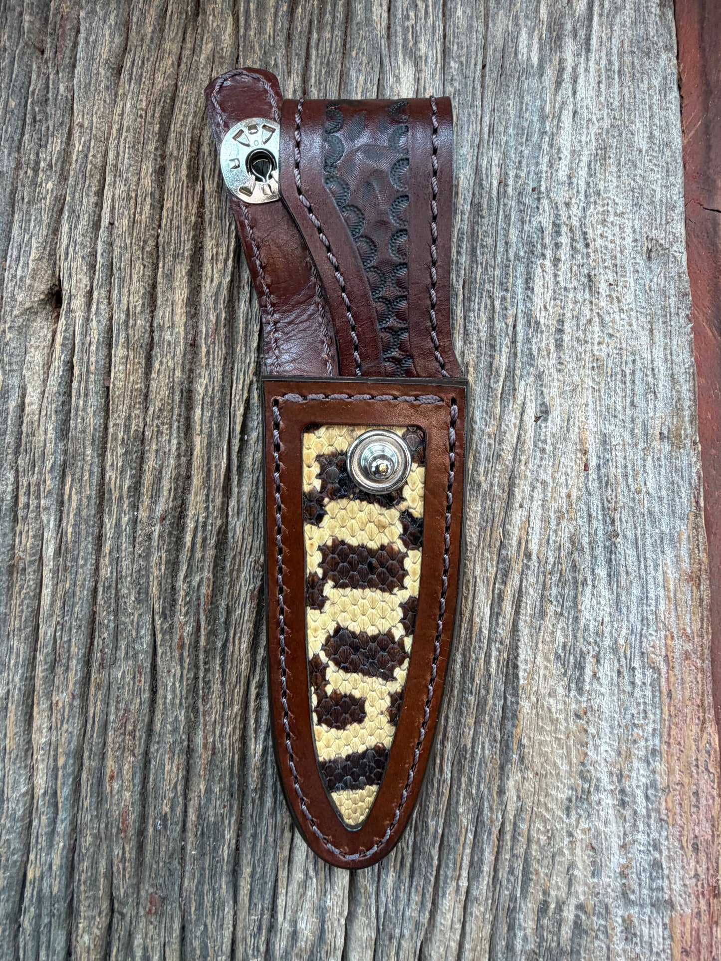 Randall Model 8-4 Sheath in Exotic West Texas Yellow Gopher Snake from Treeman Sheaths.