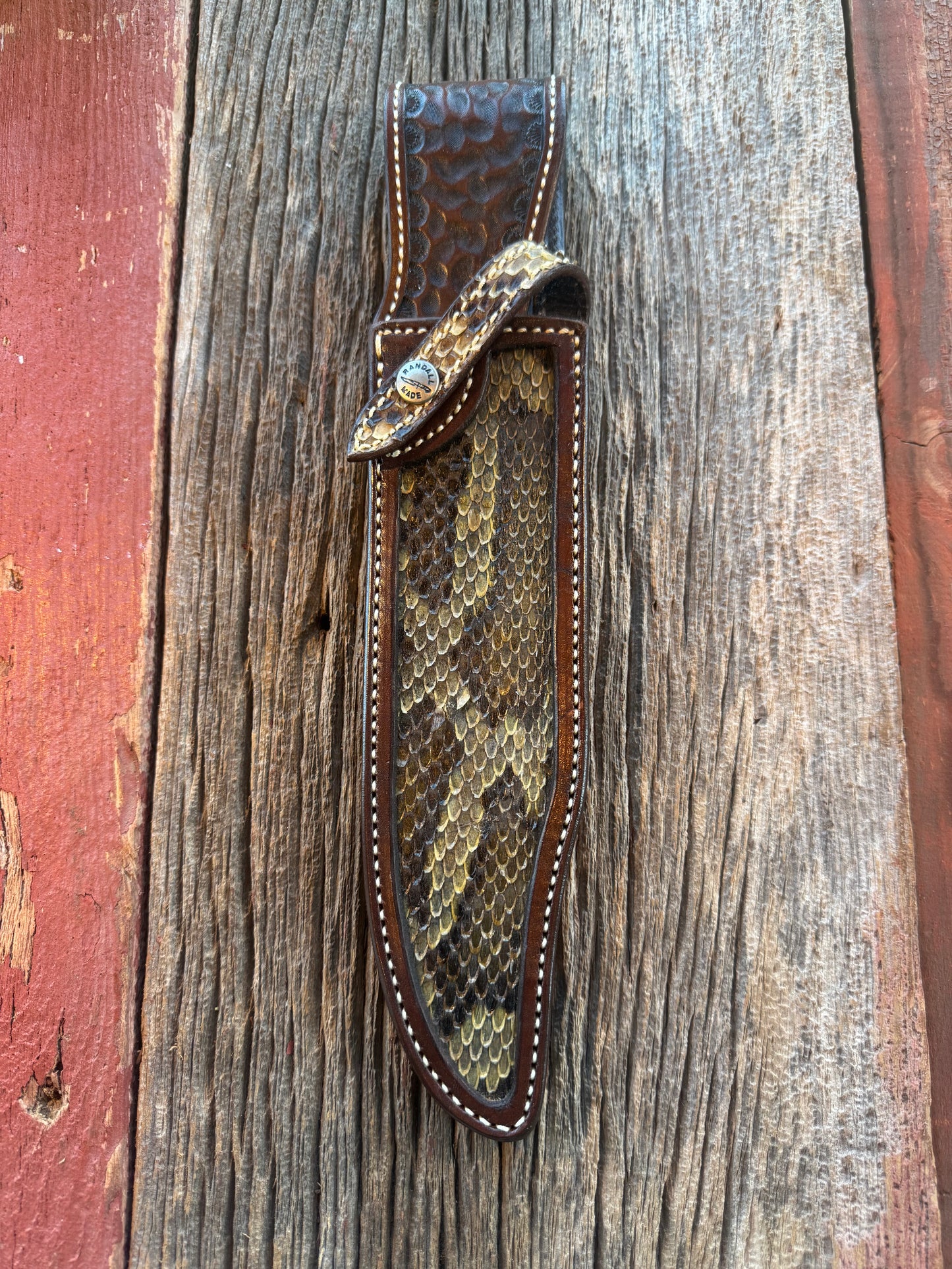 New Randall Model 12-9 Bowie in Exotic Brown Scale Python inlay (very rare) Custom Made at Sullivan’s by Gutcher.