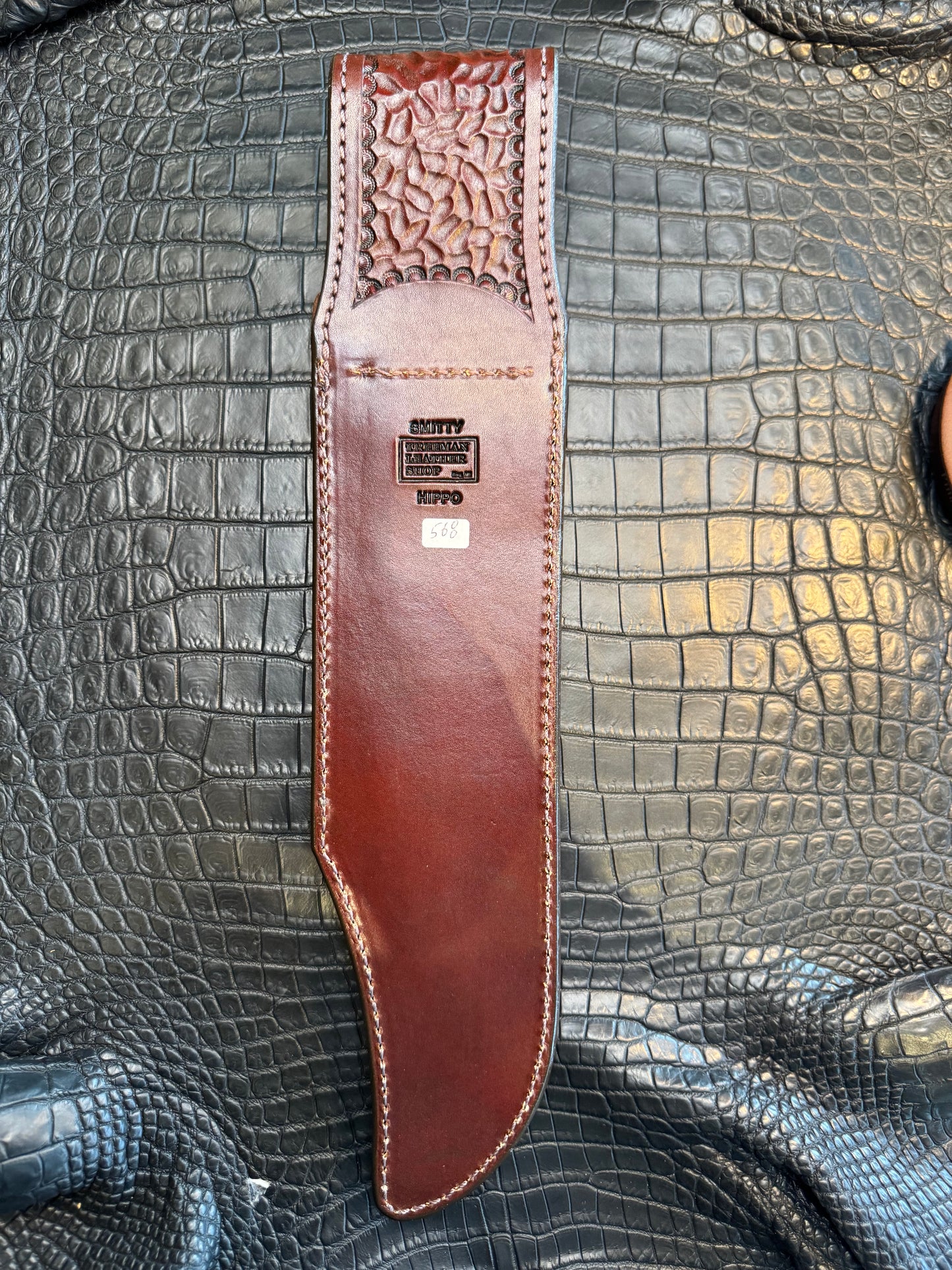 Randall Model 12-11 Smithsonian “Smitty” in Chocolate Hippo, forward curved hilt, Canteen Snap, full brass stamping and stitching.