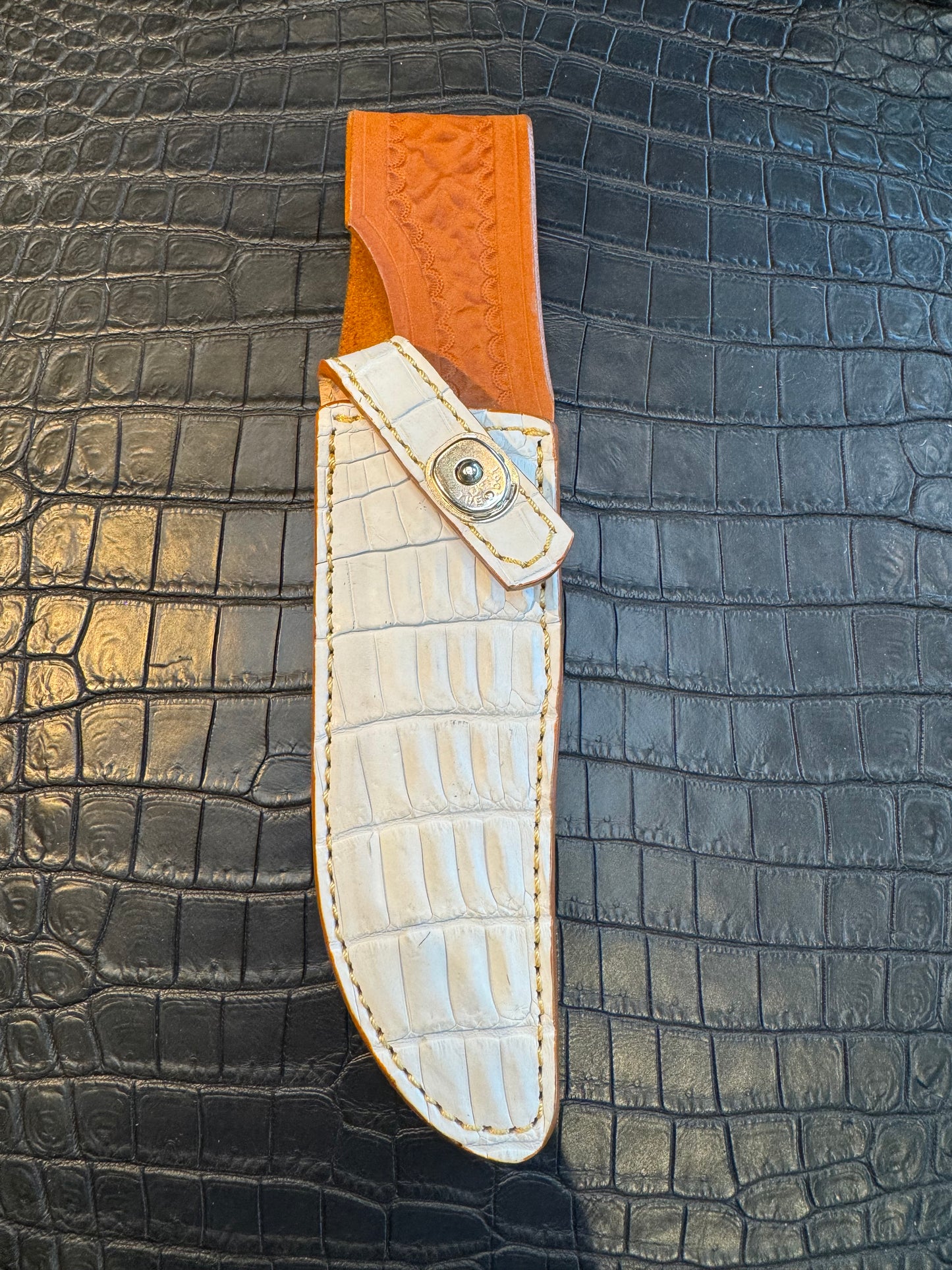 Randall Model 12-6 “Little Bear” in Exotic Sheath in White Crocodile by Treeman.