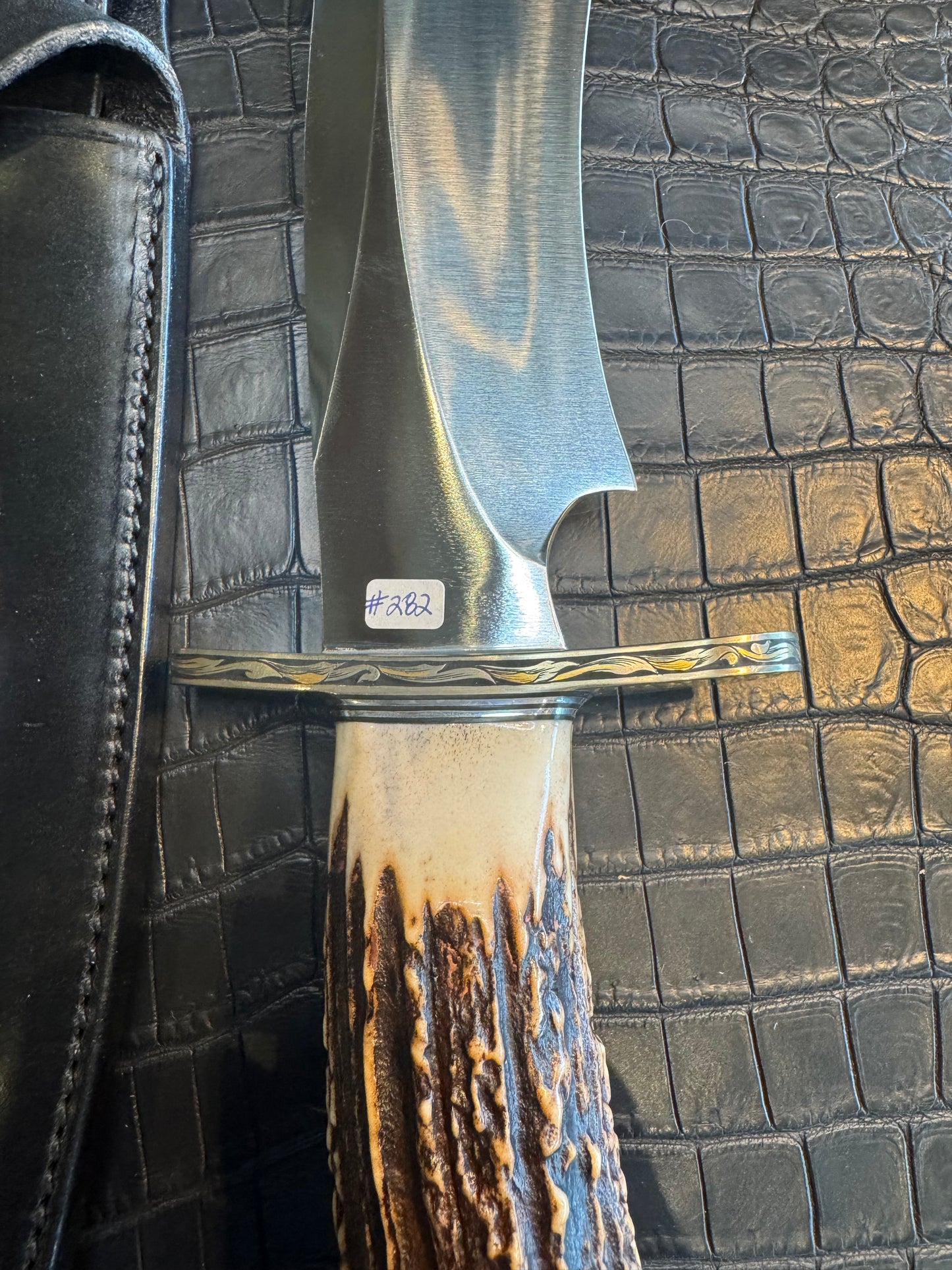 Randall Model 12-11 Dealer Special Large Sasquatch in a Huge piece of Popcorn Stag. Gold and Silver Engraved, Nickel Silver Hilt and Butt plate.