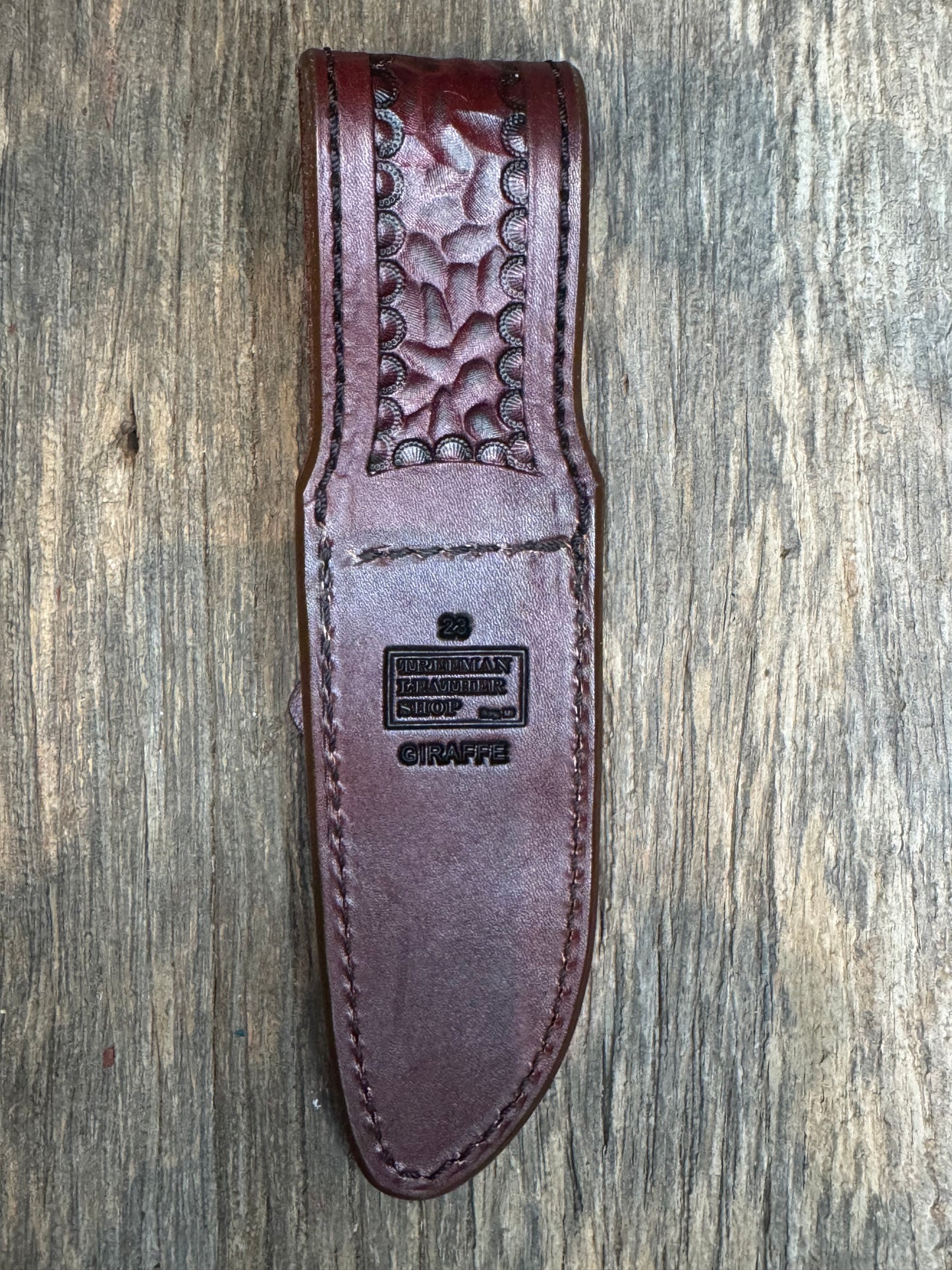 Randall Model 23 Sheath in Exotic Brown Giraffe from Treeman.