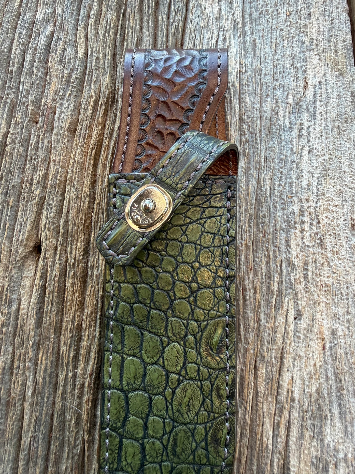 New Randall Model 14 Sheath in Exotic Army Green Crocodile from Treeman.