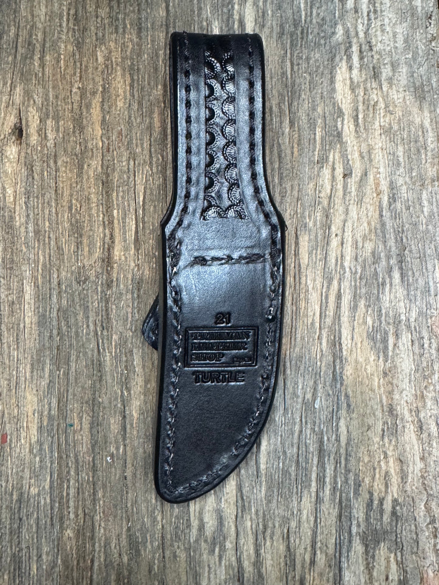Randall Model 21 Sheath in Exotic Black Snapping Turtle ( Dragon tail) from Treeman.