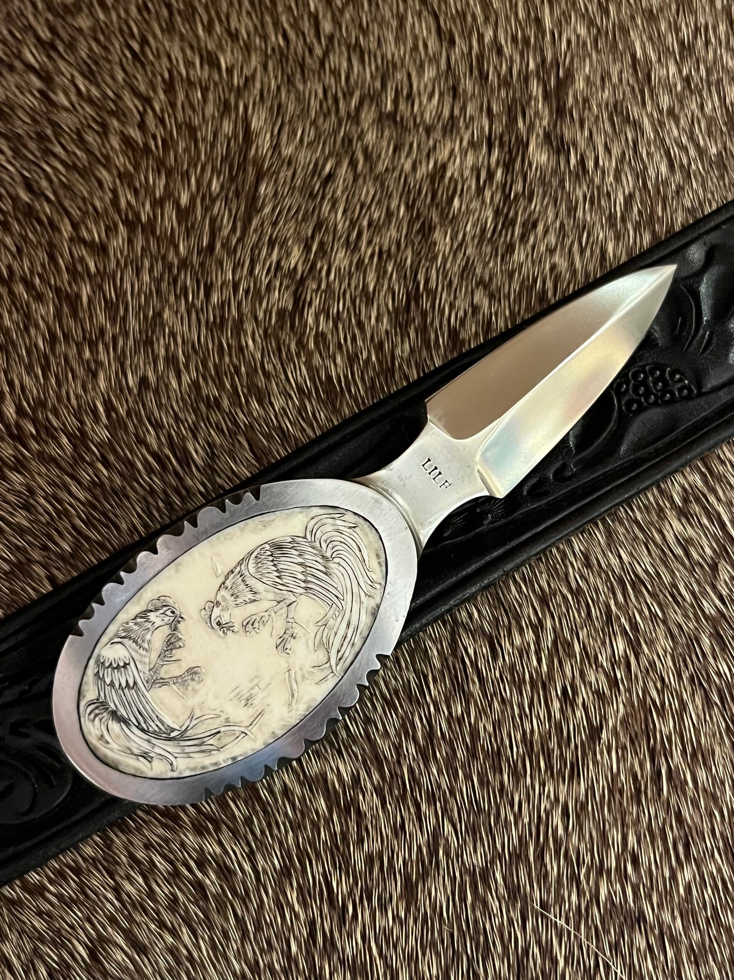Jimmy Lile Belt Buckle Knife Carved Ivory Fighting Rooster’s