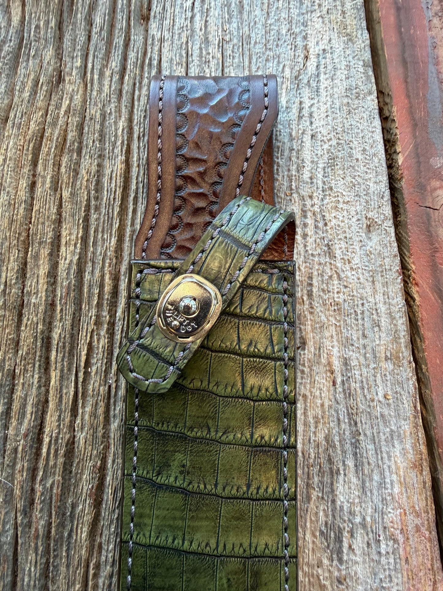 New Randall Model 1-7 Sheath in Exotic Army Green Crocodile from Treeman.