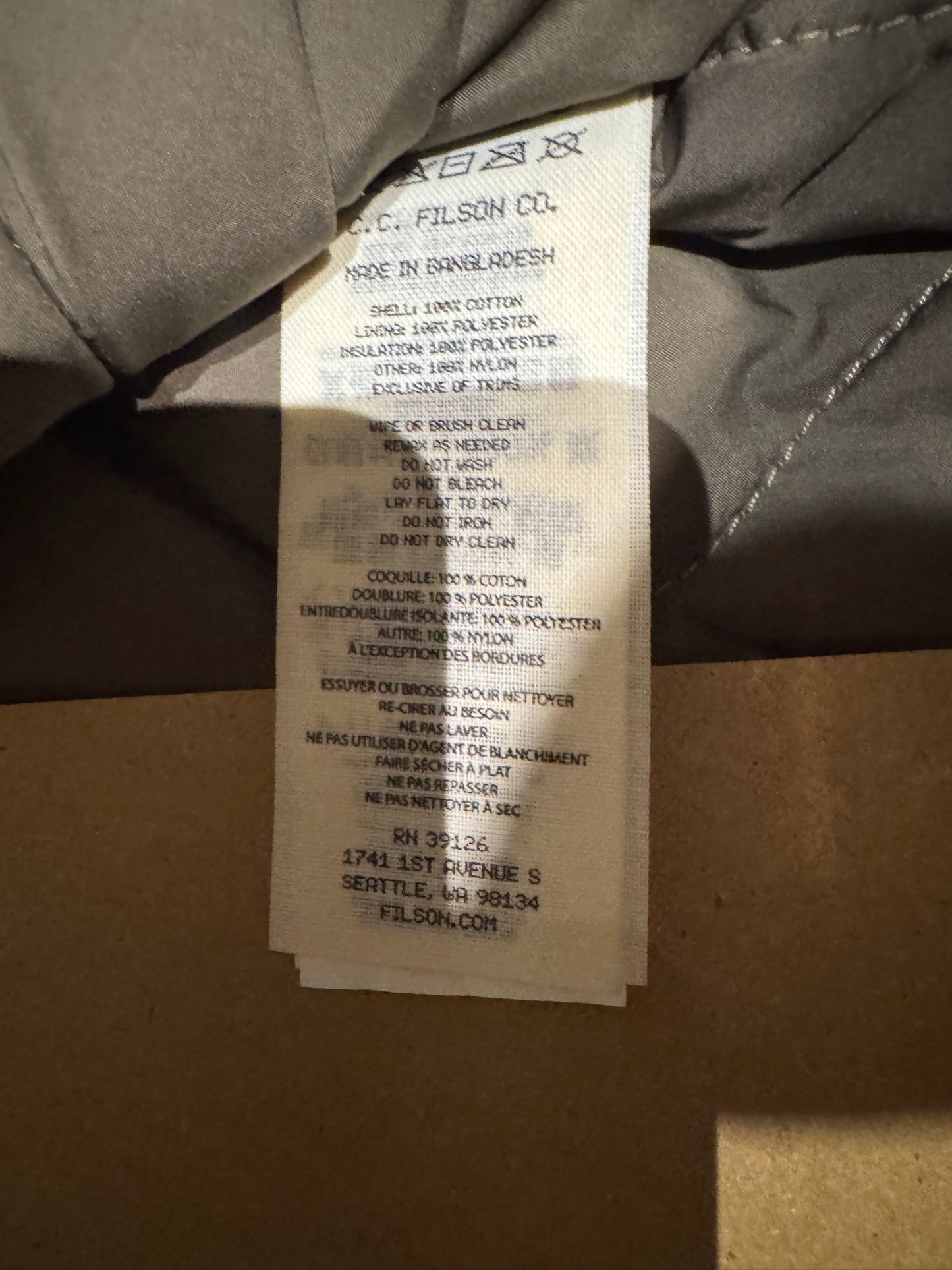 NWT Filson TIN CLOTH PRIMALOFT® JACKET DARK TAN extra Large XL NWT