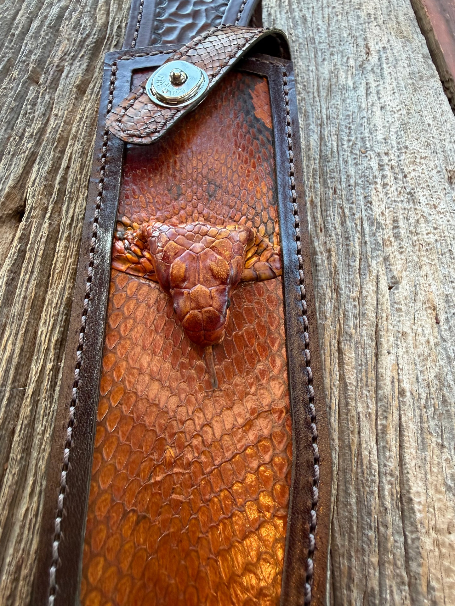 New Randall Model 12-9 Bowie Sheath in Exotic Cobra with actual head by Treeman. Black and Browns … one of only a few 12-9’s I have.
