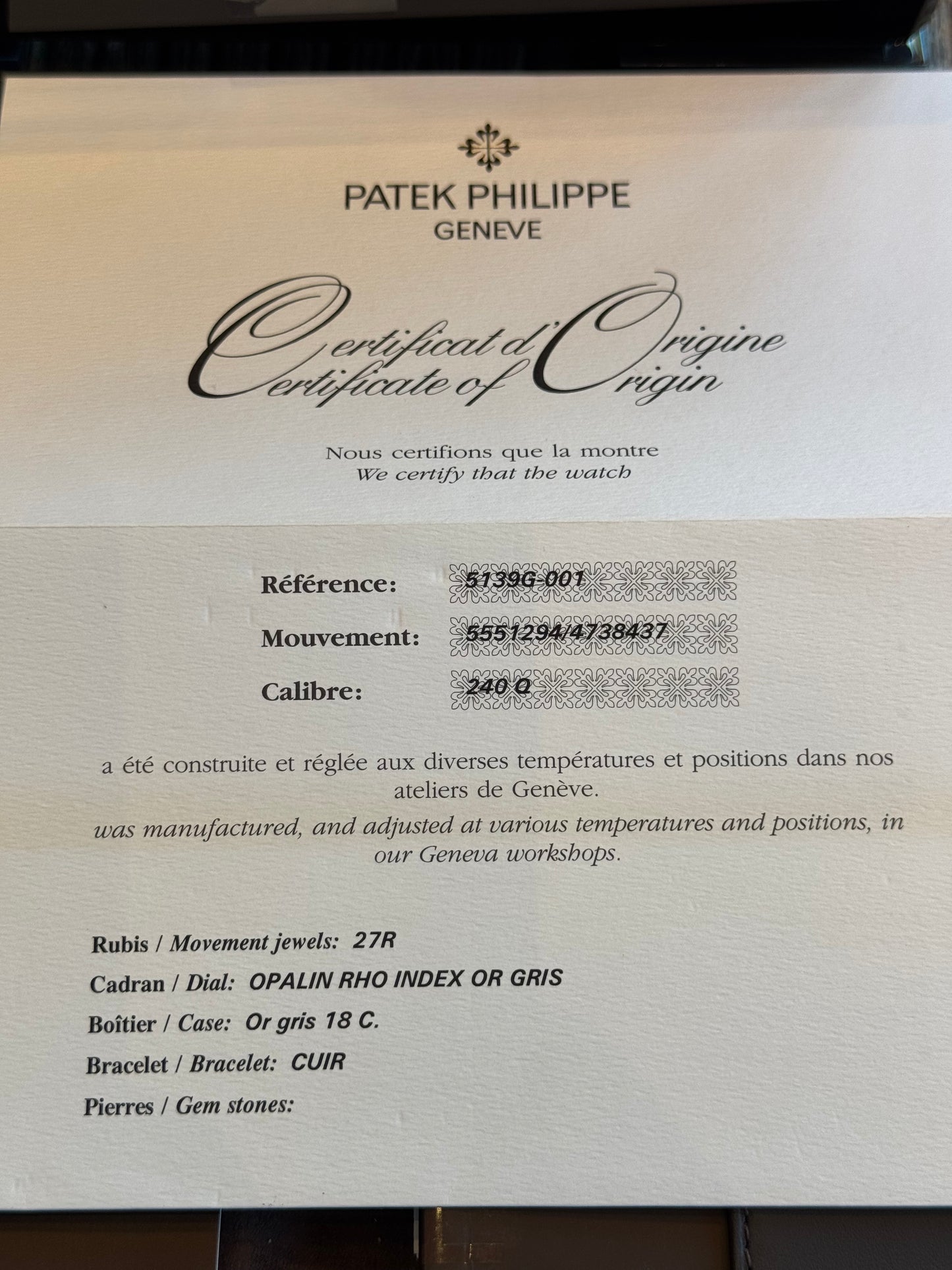 Patek Philippe Perpetual Calendar Grand Complications Perpetual Calendar 5139G-001 Matte Grey Strap like new.